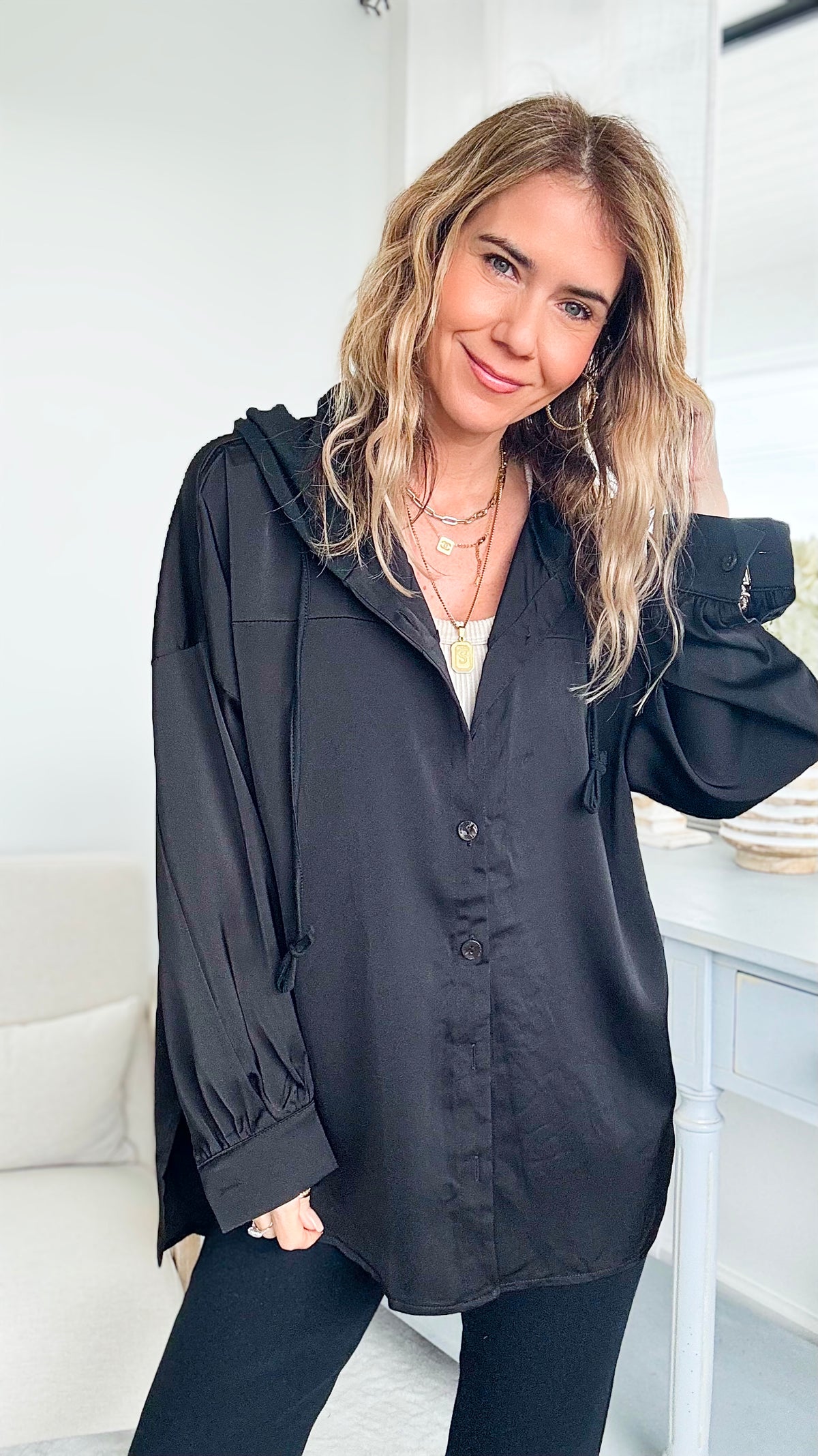 Button-Up Hoodie Shacket- Black-130 Long Sleeve Tops-Michel-Coastal Bloom Boutique, find the trendiest versions of the popular styles and looks Located in Indialantic, FL