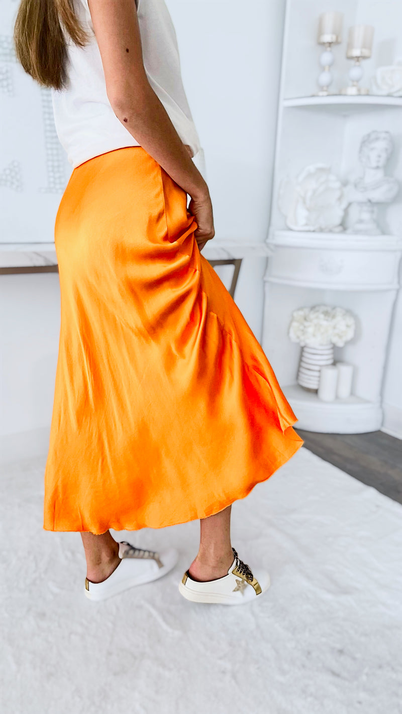 Brooklyn Italian Satin Midi Skirt - Orange-170 Bottoms-Yolly-Coastal Bloom Boutique, find the trendiest versions of the popular styles and looks Located in Indialantic, FL