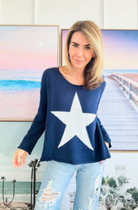 Star Lightweight Knit Sweater - Navy-140 Sweaters-Miracle-Coastal Bloom Boutique, find the trendiest versions of the popular styles and looks Located in Indialantic, FL