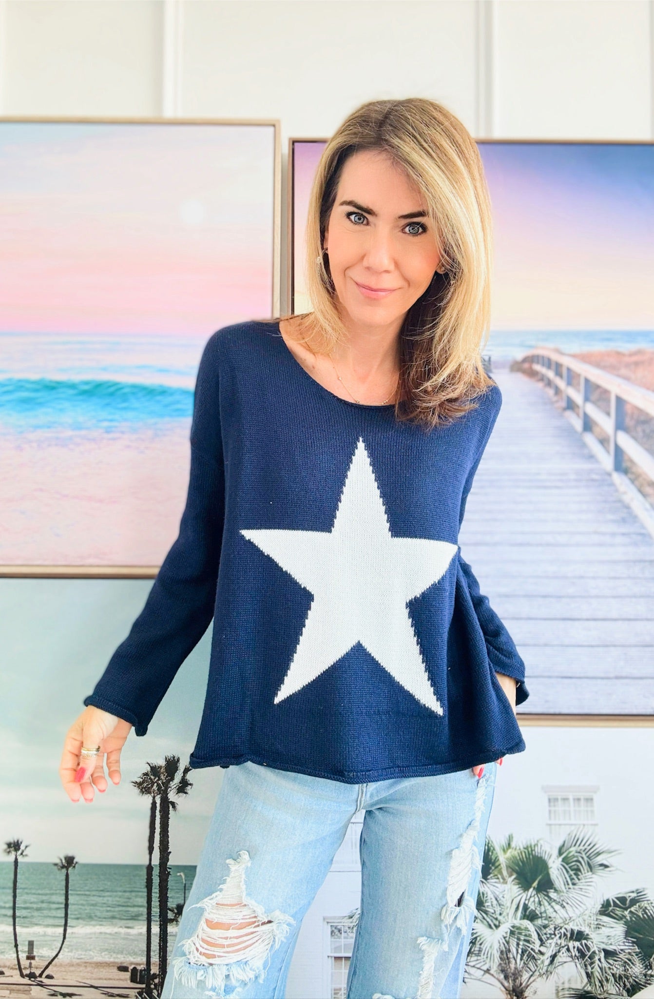 Star Lightweight Knit Sweater - Navy-140 Sweaters-Miracle-Coastal Bloom Boutique, find the trendiest versions of the popular styles and looks Located in Indialantic, FL
