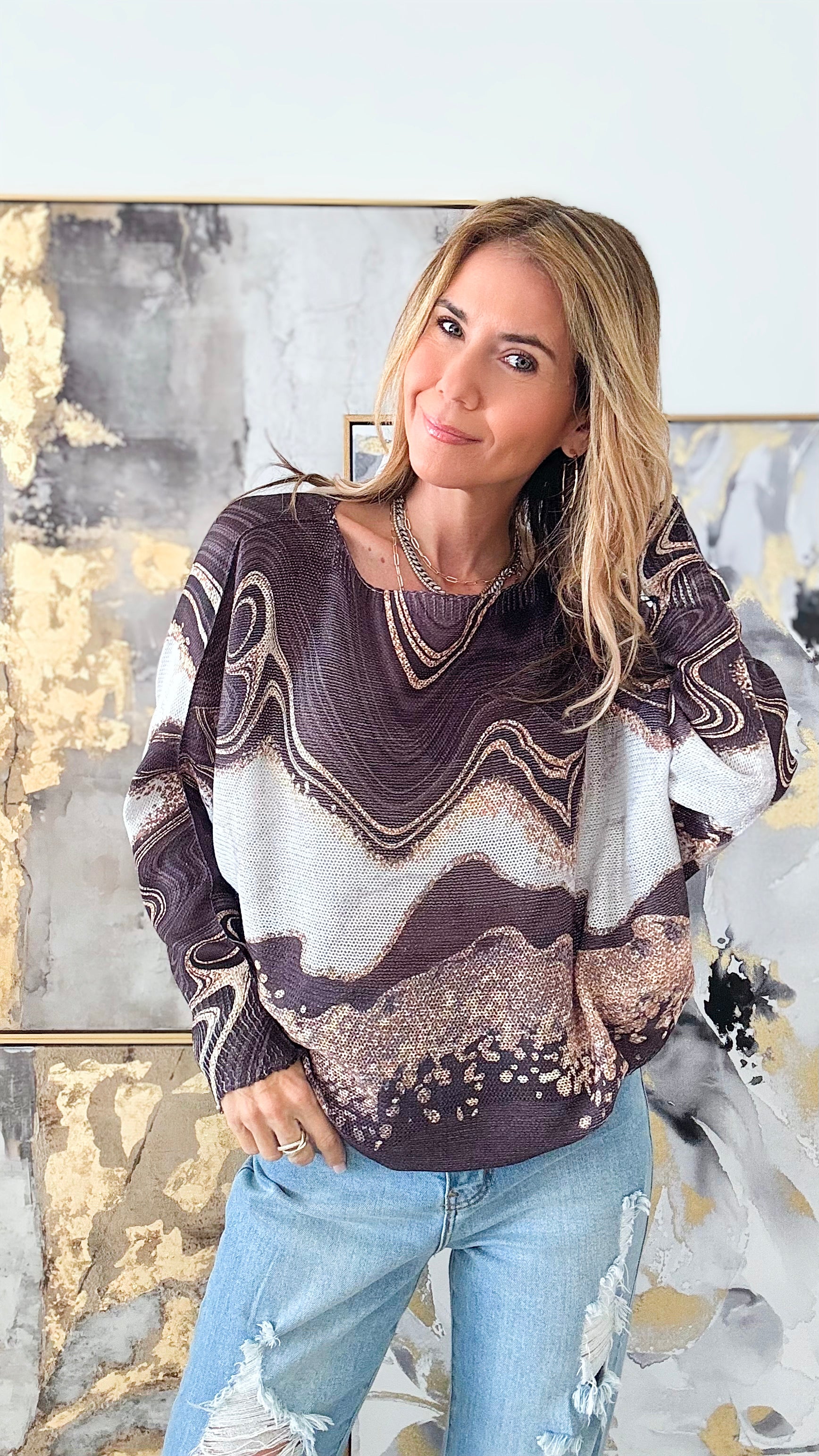 Marbled Elegance Italian St Tropez Knit Sweater - Black-140 Sweaters-Germany-Coastal Bloom Boutique, find the trendiest versions of the popular styles and looks Located in Indialantic, FL