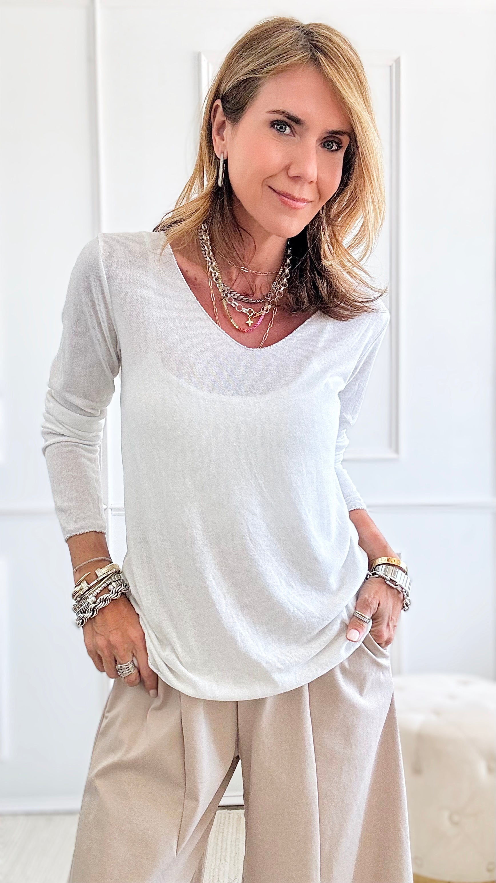 Recoleta Lurex Trim Italian Top - White-130 Long Sleeve Tops-Italianissimo-Coastal Bloom Boutique, find the trendiest versions of the popular styles and looks Located in Indialantic, FL