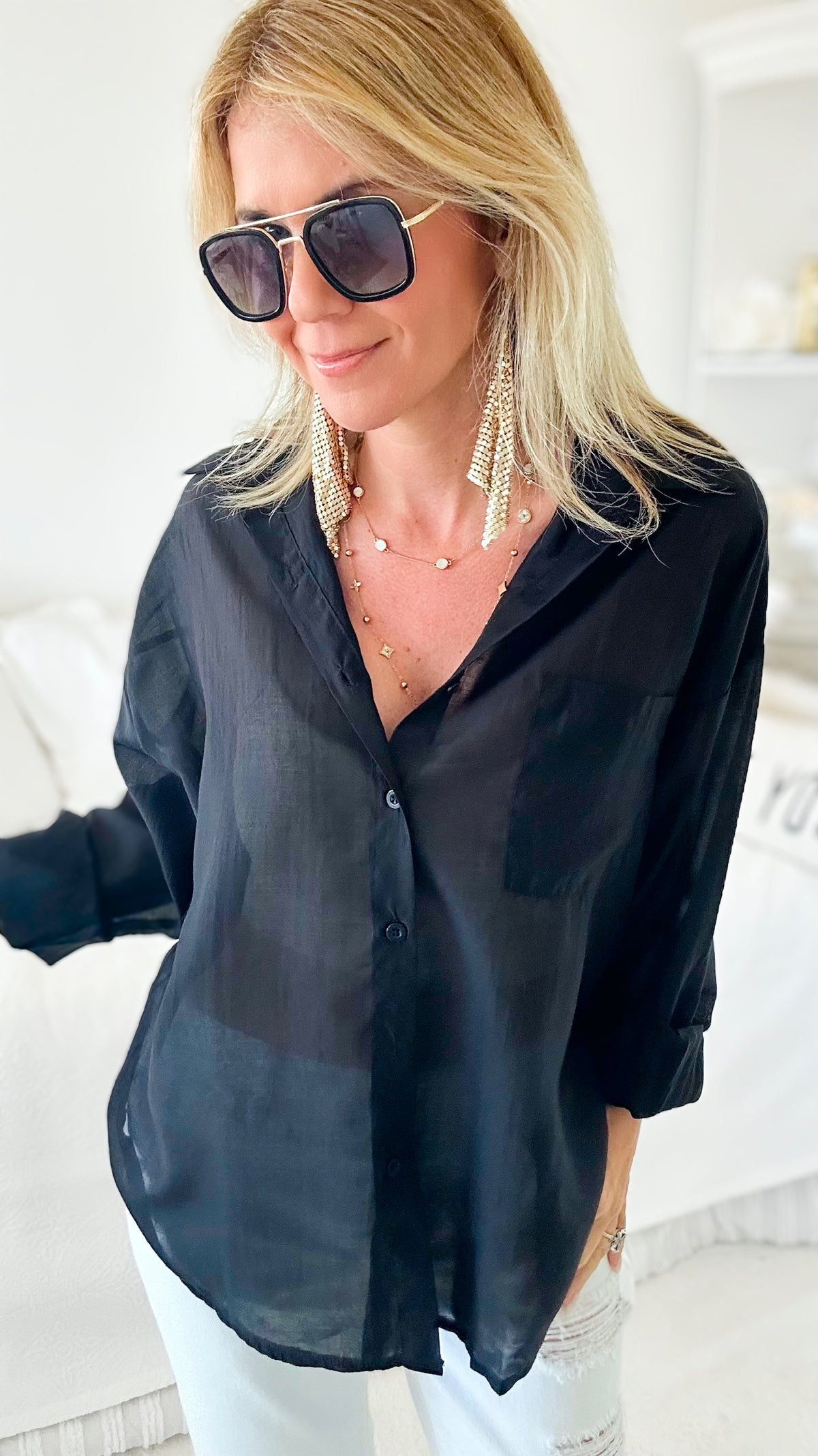 Empowered Italian Button Up Blouse - Black-130 Long Sleeve Tops-Yolly-Coastal Bloom Boutique, find the trendiest versions of the popular styles and looks Located in Indialantic, FL