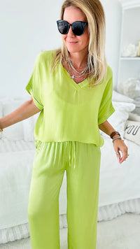 Angora Italian Satin Pant - Lime-170 Bottoms-Germany-Coastal Bloom Boutique, find the trendiest versions of the popular styles and looks Located in Indialantic, FL