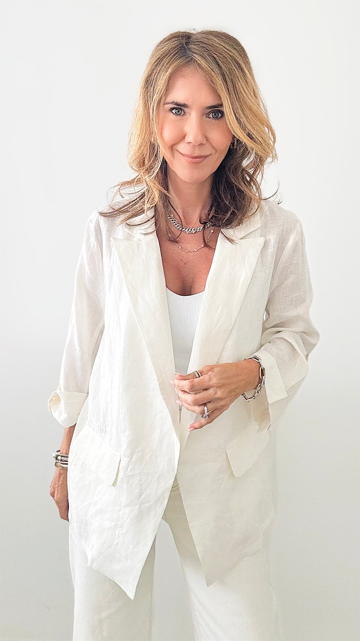 Linen Blazer - Off White-160 Jackets-EESOME-Coastal Bloom Boutique, find the trendiest versions of the popular styles and looks Located in Indialantic, FL