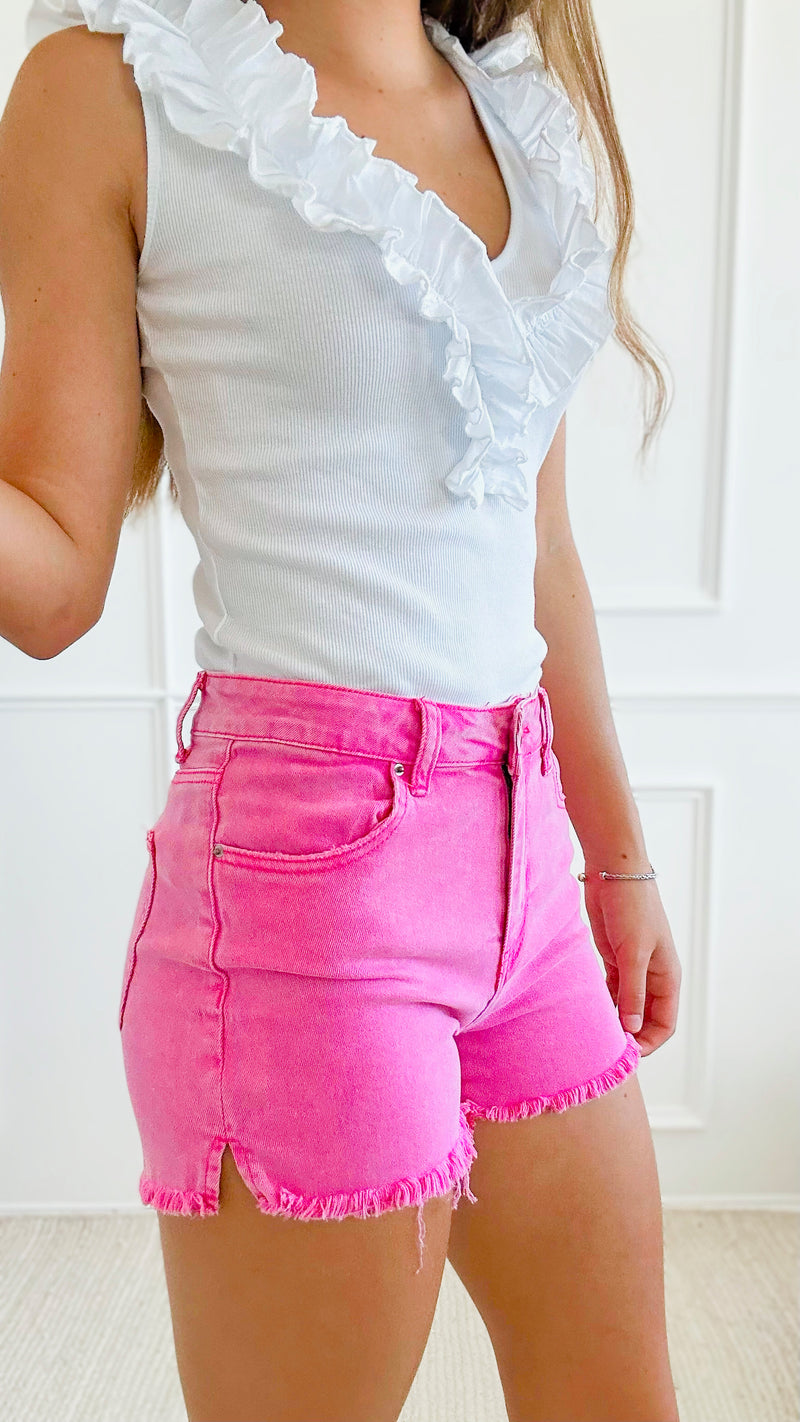 Acid Washed Frayed Cutoff Shorts -Hot Pink-170 Bottoms-Zenana-Coastal Bloom Boutique, find the trendiest versions of the popular styles and looks Located in Indialantic, FL