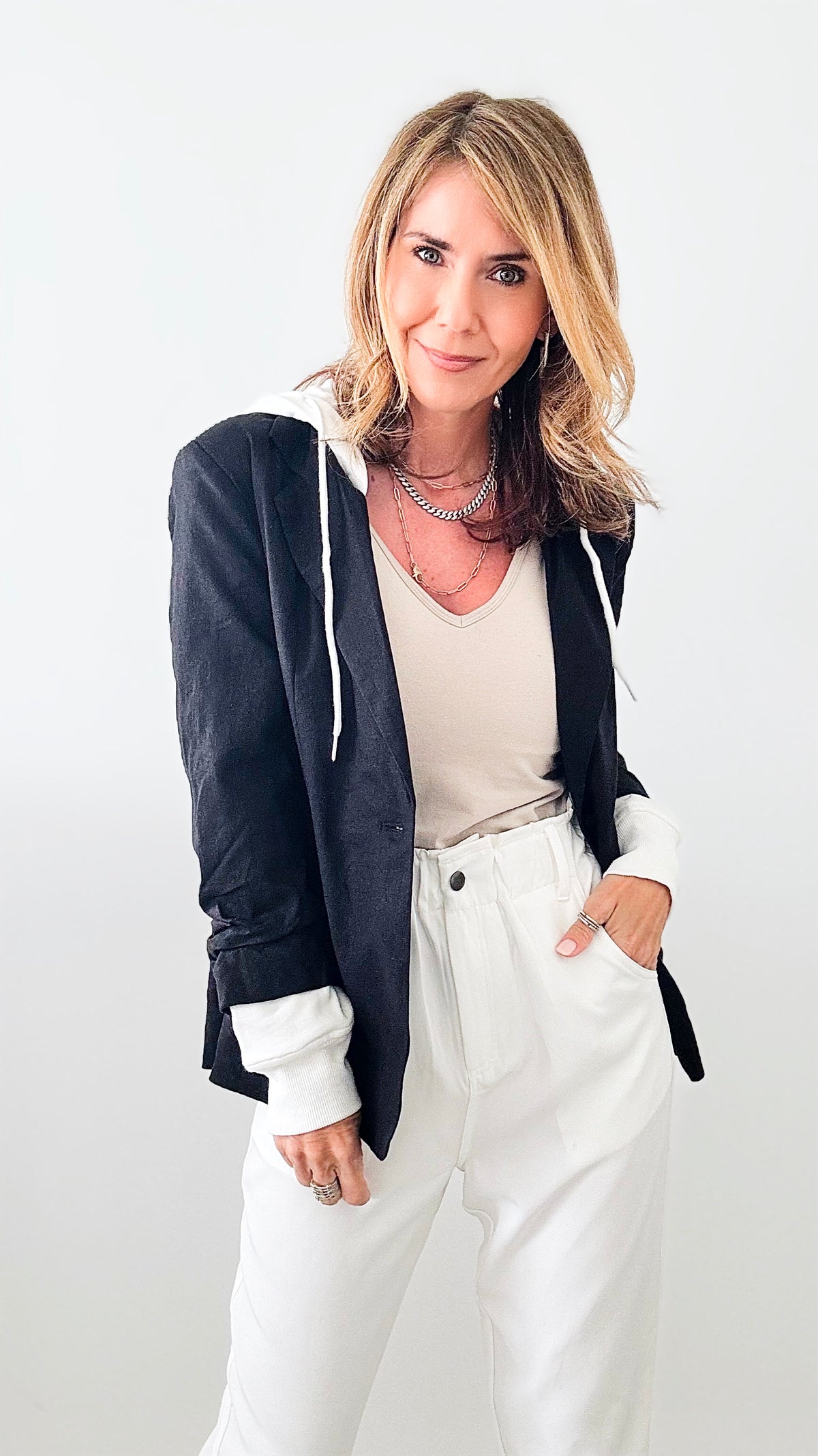Contrast Hooded Blazer - Black-160 Jackets-RISEN JEANS-Coastal Bloom Boutique, find the trendiest versions of the popular styles and looks Located in Indialantic, FL