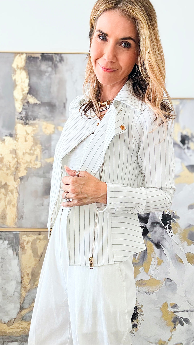 Striped Zipper Short Blazer Jacket - White-160 Jackets-Michel-Coastal Bloom Boutique, find the trendiest versions of the popular styles and looks Located in Indialantic, FL