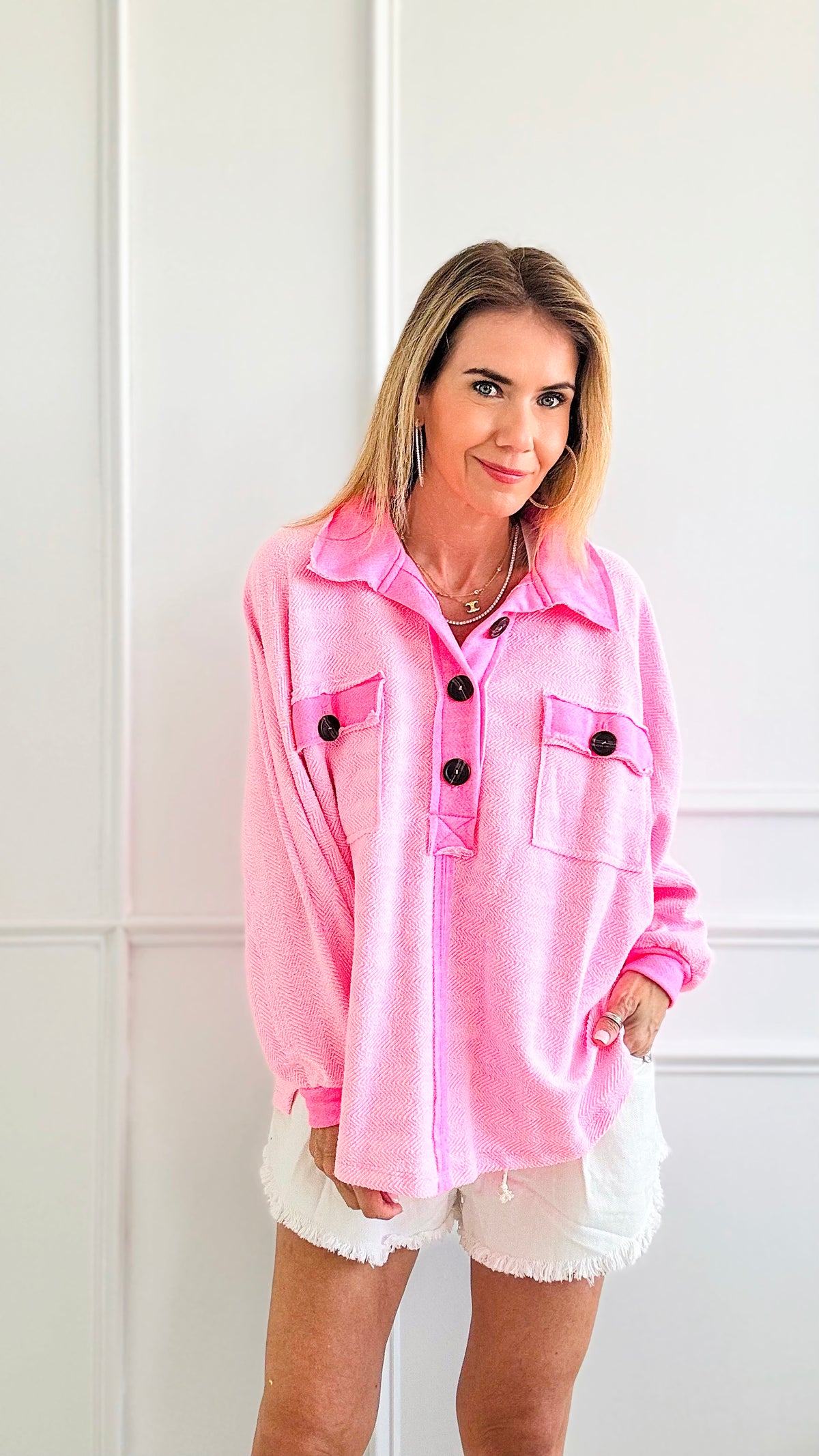 Oversized Texture Knit Sweatshirt - Neon Pink-130 Long Sleeve Tops-BucketList-Coastal Bloom Boutique, find the trendiest versions of the popular styles and looks Located in Indialantic, FL