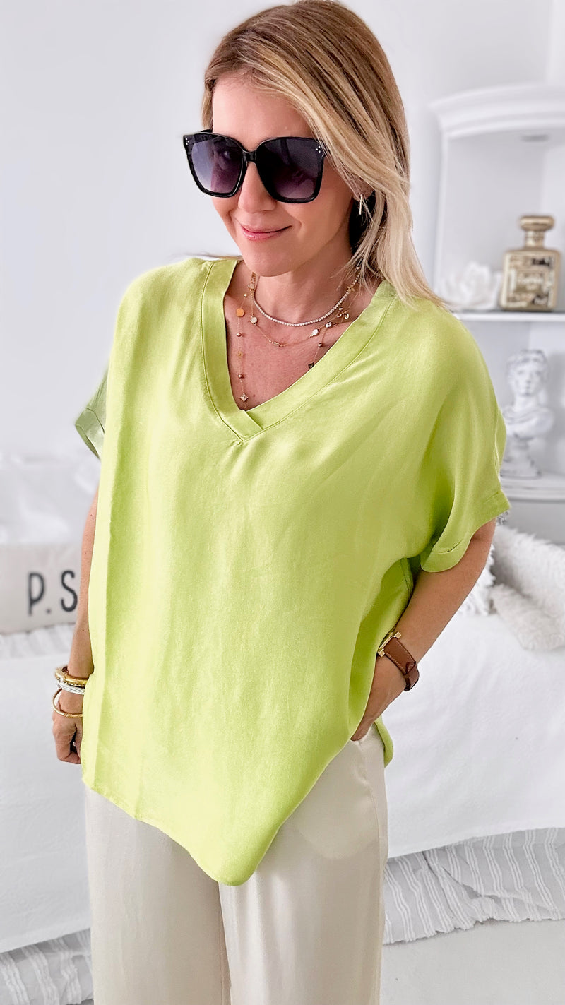 Effortless Italian V Neck Top - Lime-110 Short Sleeve Tops-Yolly-Coastal Bloom Boutique, find the trendiest versions of the popular styles and looks Located in Indialantic, FL