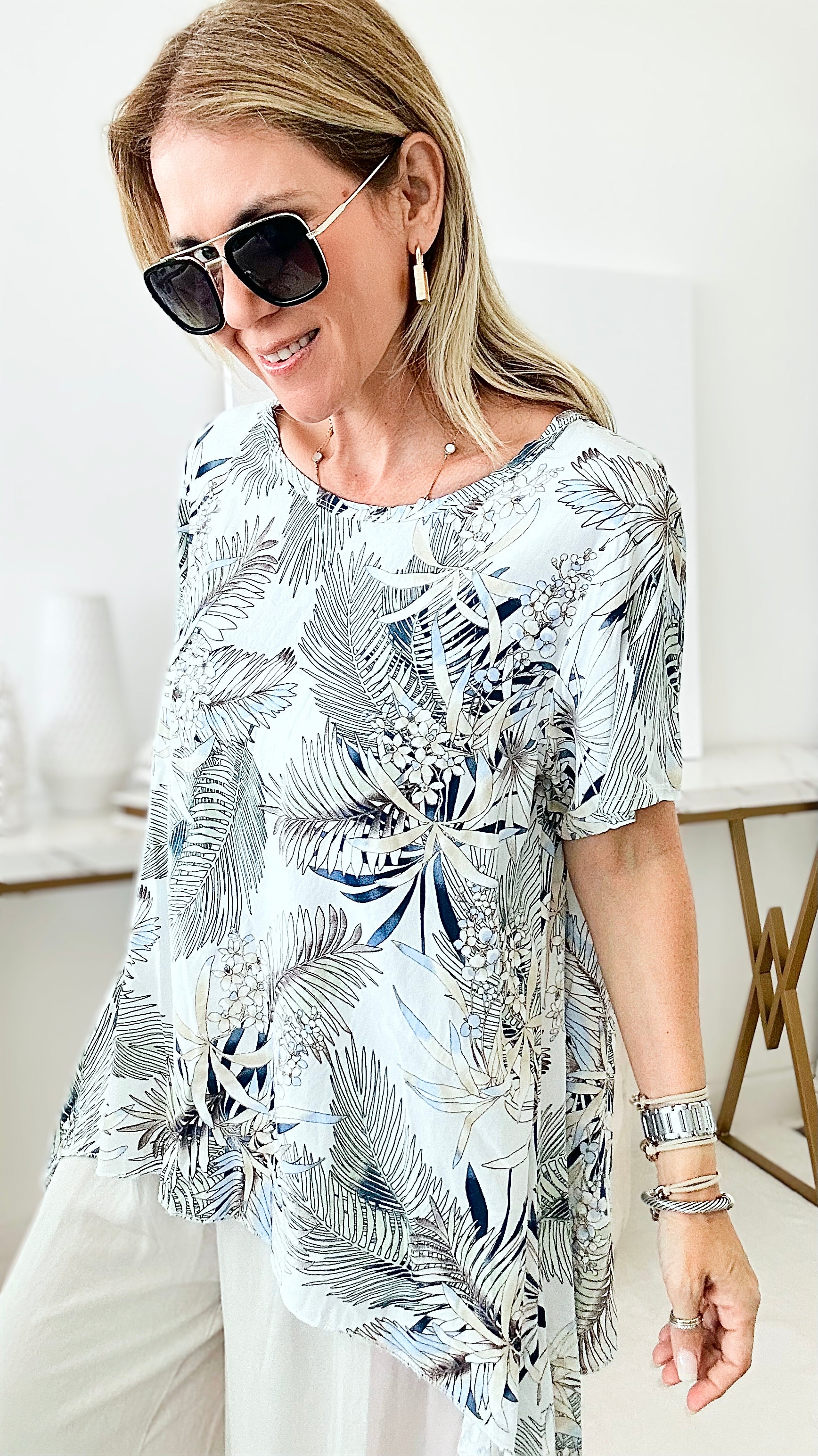 Tropical Palms Italian Top-110 Short Sleeve Tops-Coastal Bloom-Coastal Bloom Boutique, find the trendiest versions of the popular styles and looks Located in Indialantic, FL
