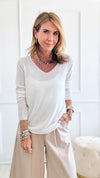 Recoleta Lurex Trim Italian Top - White-130 Long Sleeve Tops-Italianissimo-Coastal Bloom Boutique, find the trendiest versions of the popular styles and looks Located in Indialantic, FL