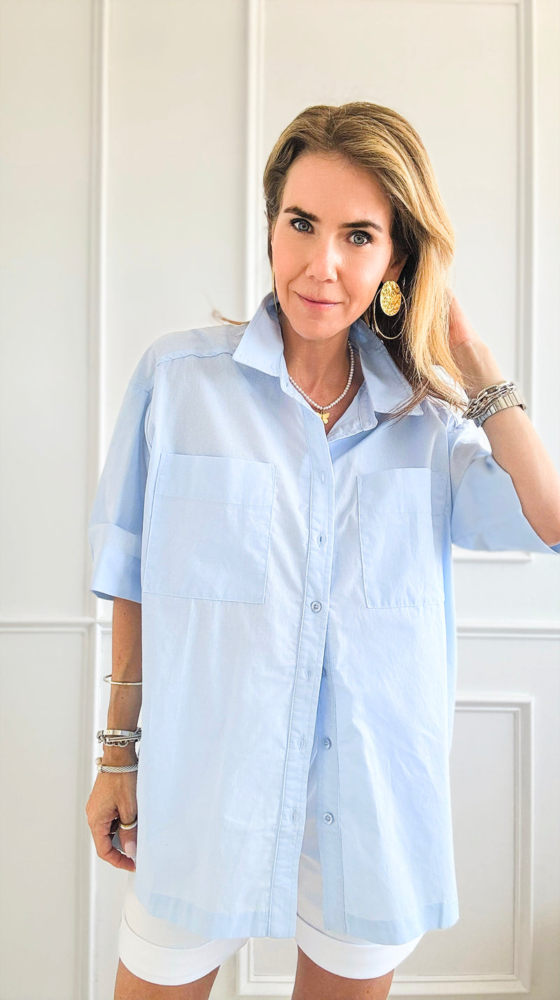 Patch Pockets Oversized Top - Sky Blue-110 Short Sleeve Tops-HYFVE-Coastal Bloom Boutique, find the trendiest versions of the popular styles and looks Located in Indialantic, FL