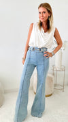 Gold Buckle High Waist Pant- Light Blue-170 Bottoms-Valentine-Coastal Bloom Boutique, find the trendiest versions of the popular styles and looks Located in Indialantic, FL