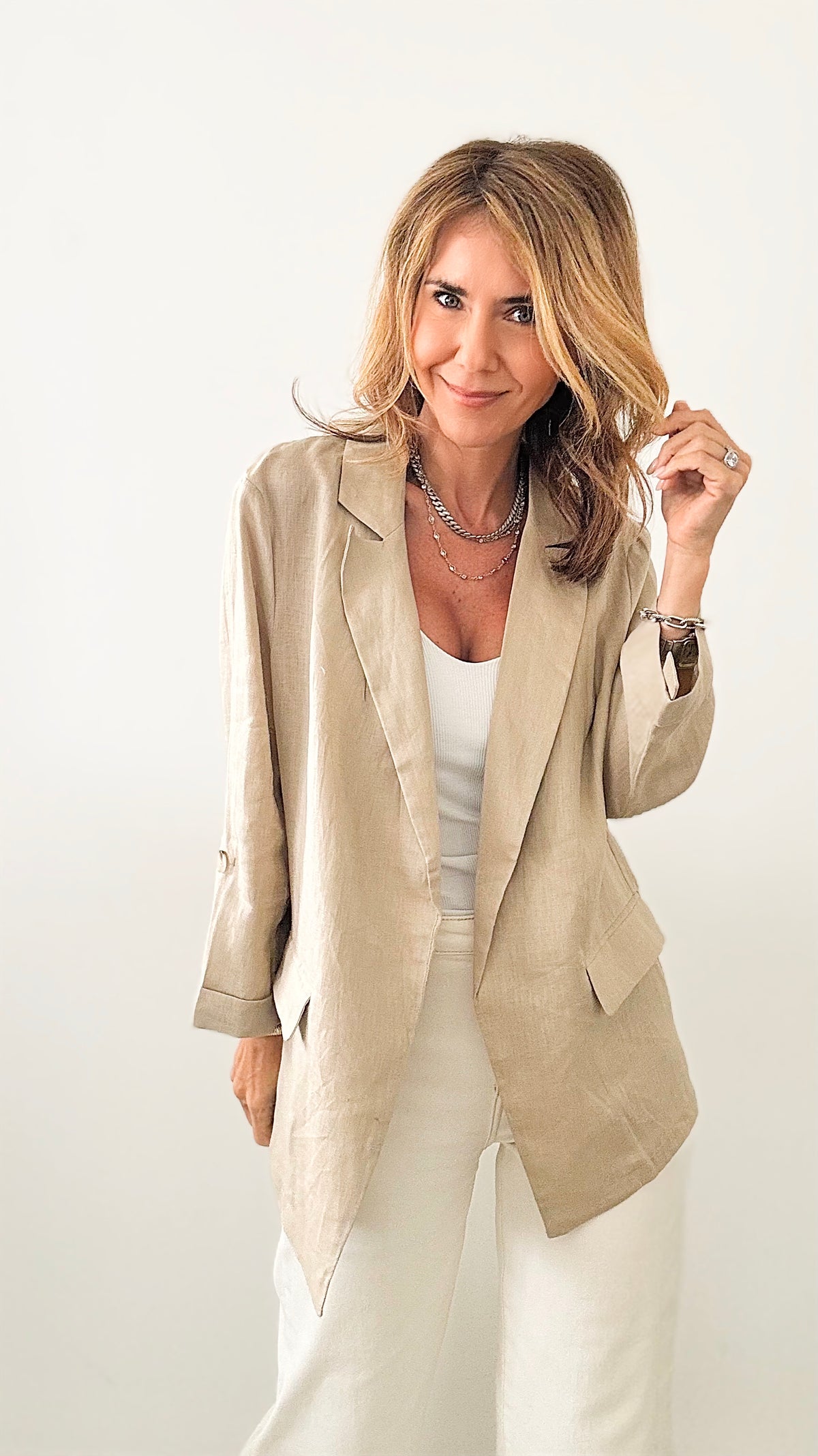 Linen Blazer - Taupe-160 Jackets-EESOME-Coastal Bloom Boutique, find the trendiest versions of the popular styles and looks Located in Indialantic, FL