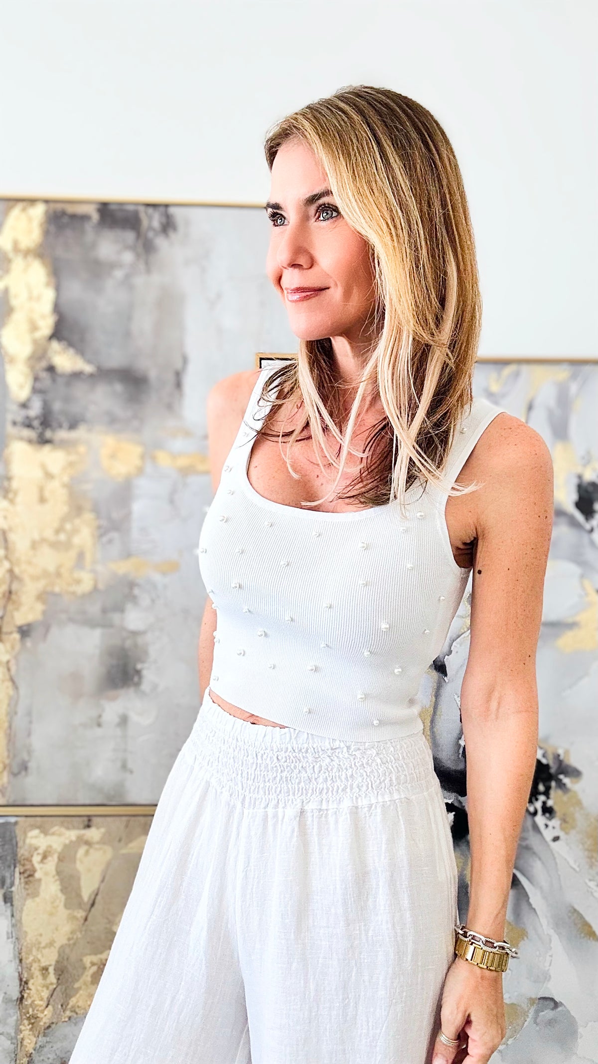 Pearl Detailed Ribbed Knit Tank Top - White-100 Sleeveless Tops-Love Tree Fashion-Coastal Bloom Boutique, find the trendiest versions of the popular styles and looks Located in Indialantic, FL