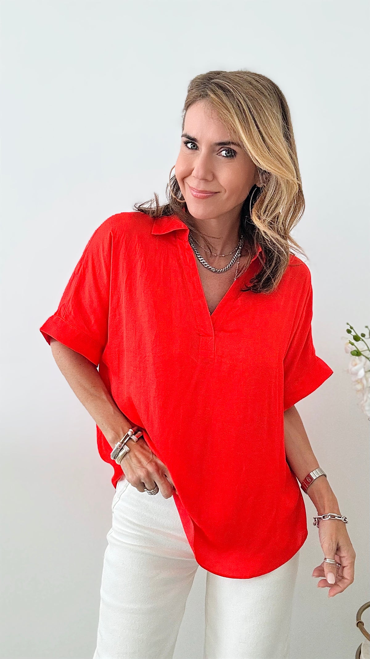 Short Sleeve Blouse Top - Tomato-110 Short Sleeve Tops-EESOME-Coastal Bloom Boutique, find the trendiest versions of the popular styles and looks Located in Indialantic, FL