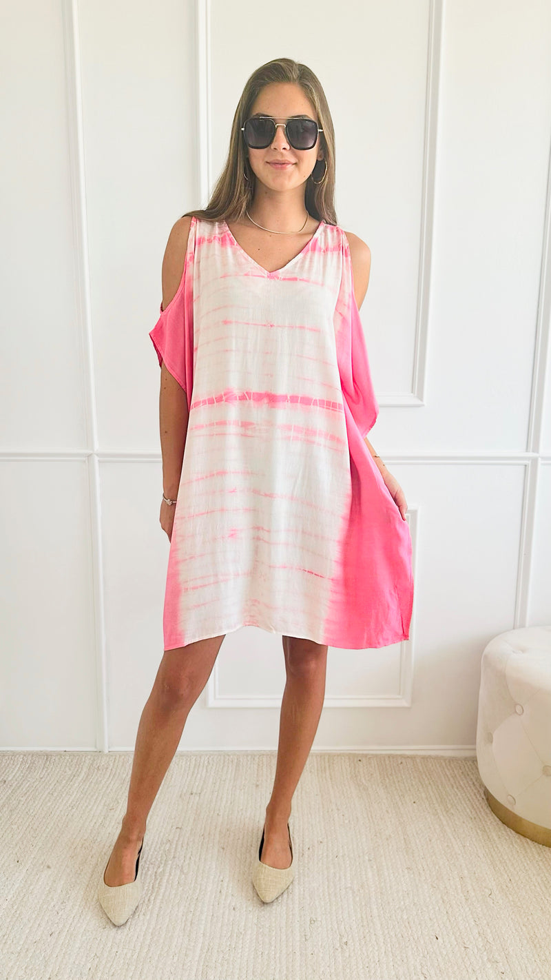 Tie Dye Woven Dress - Pink-110 Short Sleeve Tops-Chatoyant-Coastal Bloom Boutique, find the trendiest versions of the popular styles and looks Located in Indialantic, FL