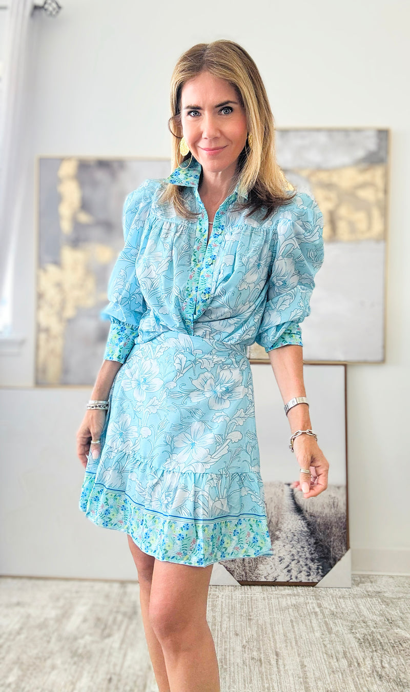 Floral Printed Blouse and Skirt Set - Ice Blue-210 Loungewear/Sets-Rousseau-Coastal Bloom Boutique, find the trendiest versions of the popular styles and looks Located in Indialantic, FL