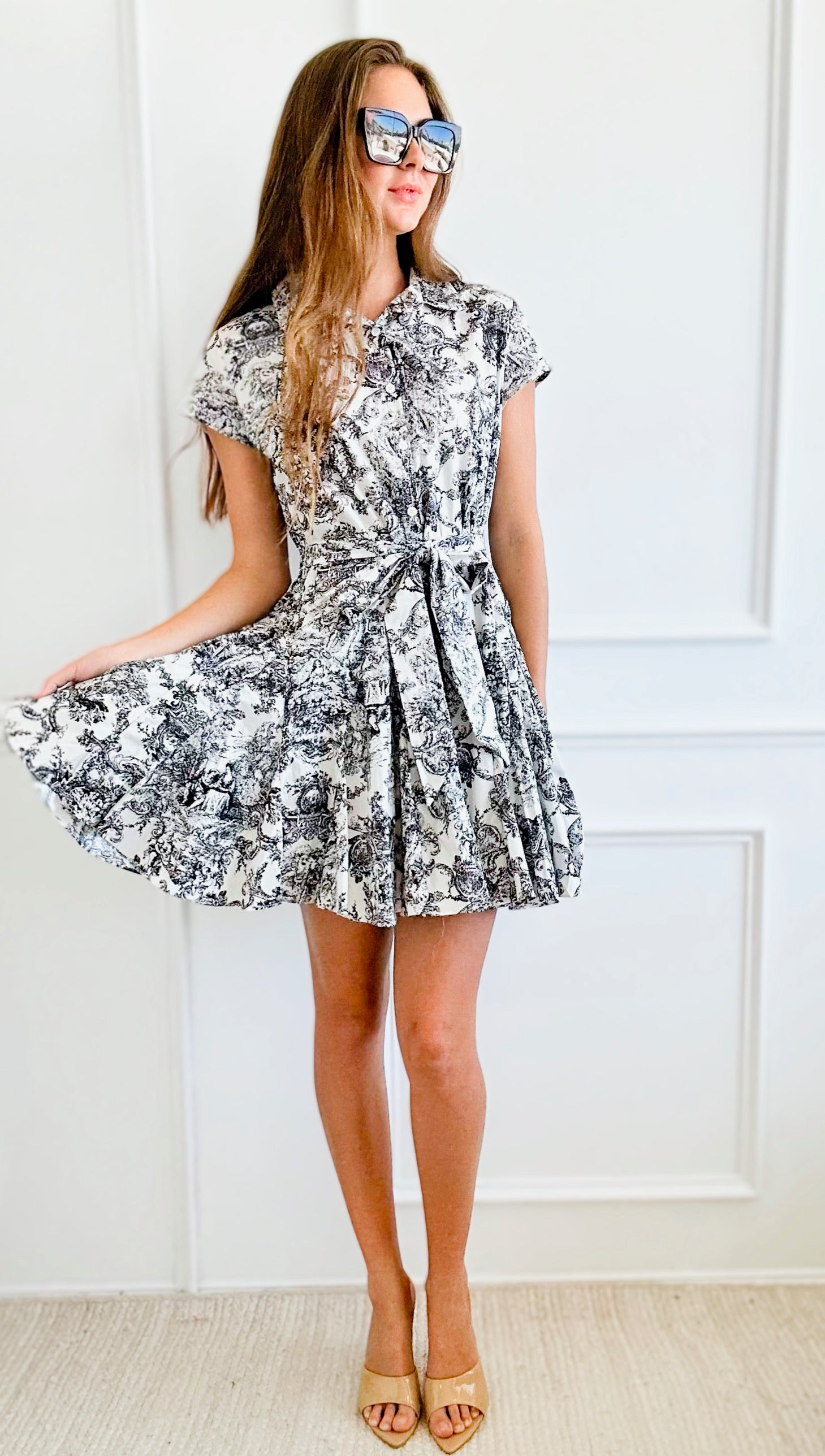 Belted Short Sleeve Button Down Printed Mini Dress-200 Dresses/Jumpsuits/Rompers-Aakaa-Coastal Bloom Boutique, find the trendiest versions of the popular styles and looks Located in Indialantic, FL