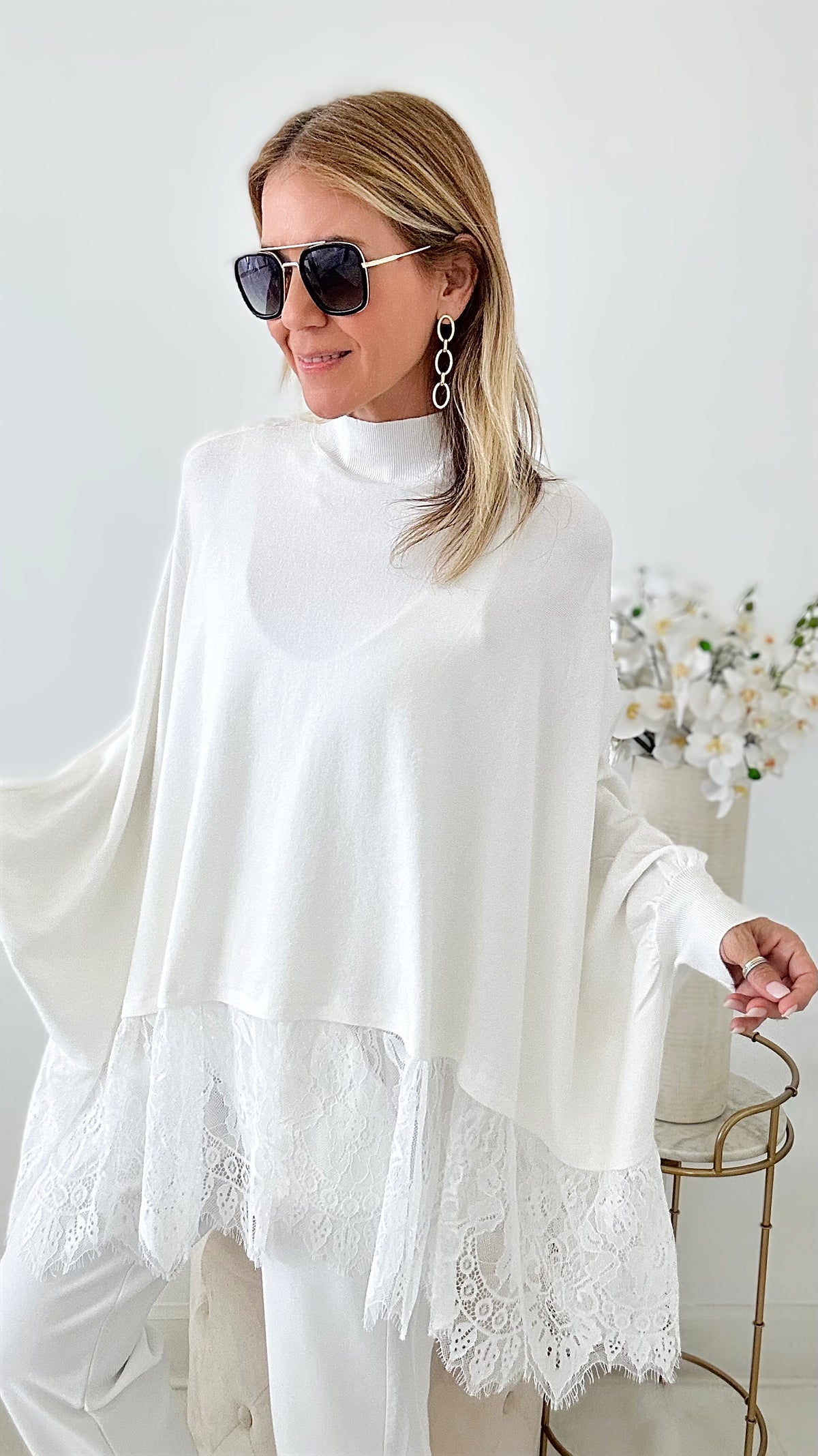 Knit Italian Lace Trim Poncho - White-140 Sweaters-Germany-Coastal Bloom Boutique, find the trendiest versions of the popular styles and looks Located in Indialantic, FL