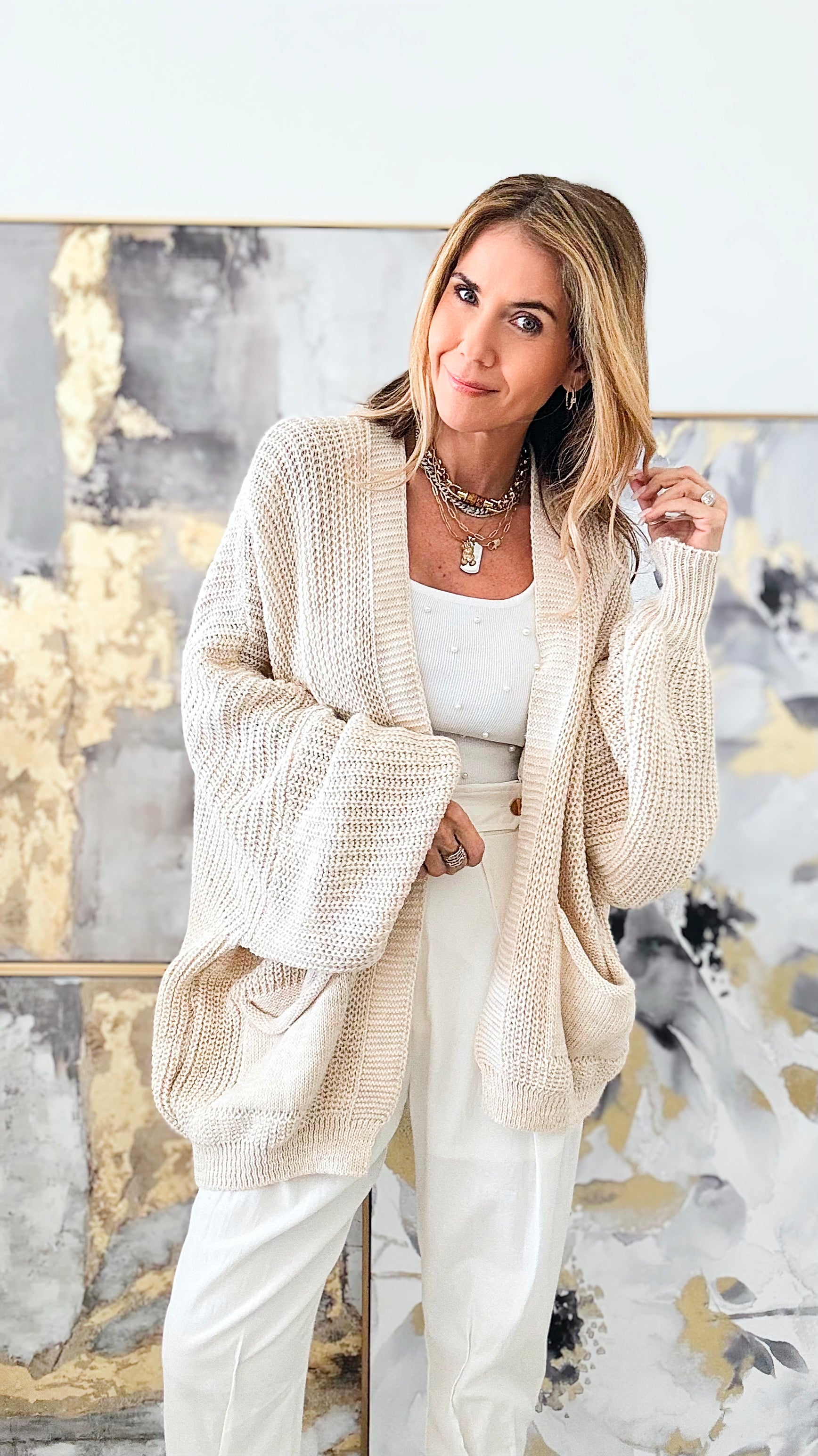 Sugar High Italian Cardigan-Ecru-150 Cardigans/Layers-Italianissimo-Coastal Bloom Boutique, find the trendiest versions of the popular styles and looks Located in Indialantic, FL