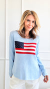 Flag Soft Knit -Sky Blue-140 Sweaters-Miracle-Coastal Bloom Boutique, find the trendiest versions of the popular styles and looks Located in Indialantic, FL