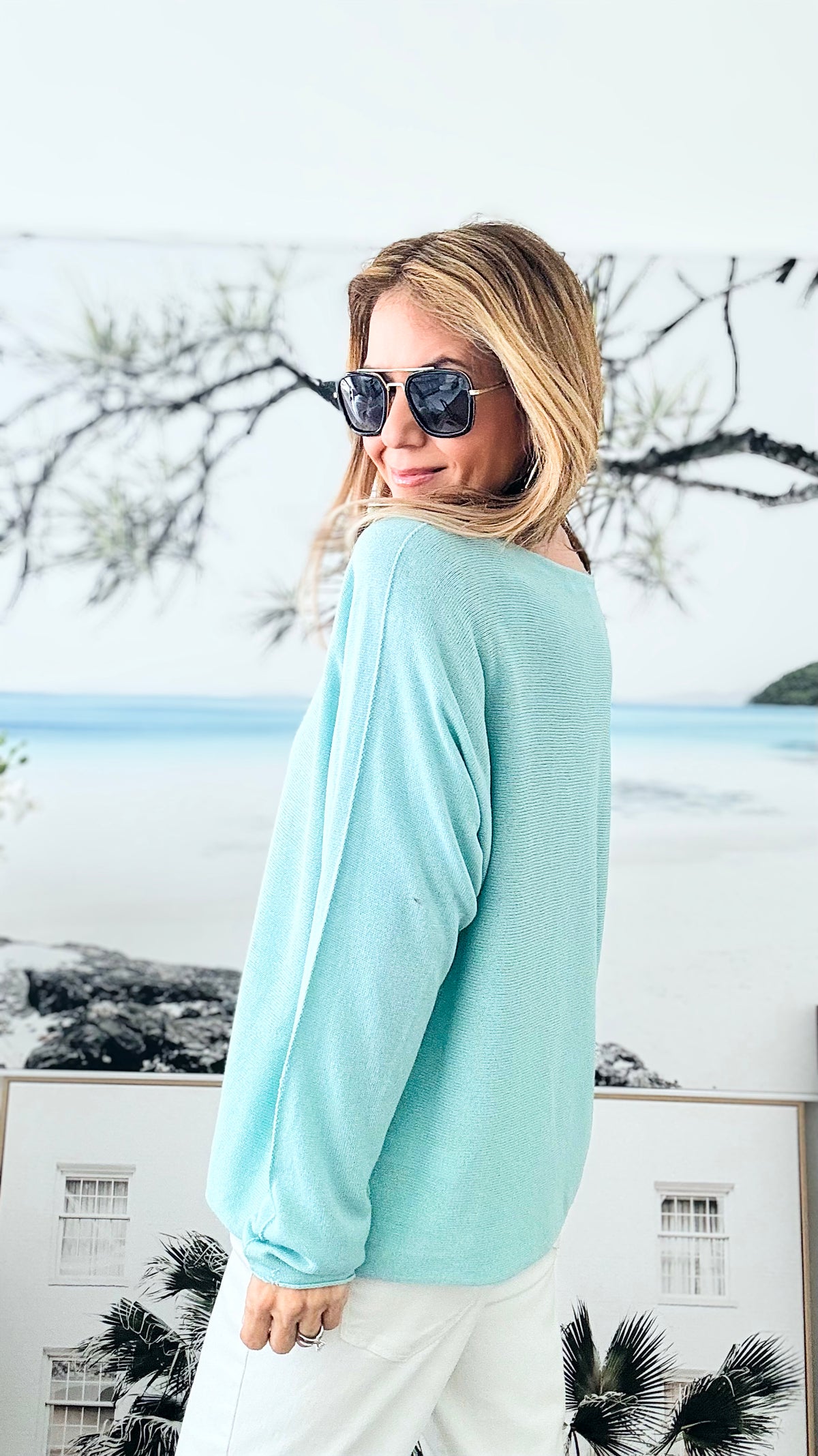 Long Sleeve Italian Knit Pullover - Aqua-140 Sweaters-Germany-Coastal Bloom Boutique, find the trendiest versions of the popular styles and looks Located in Indialantic, FL