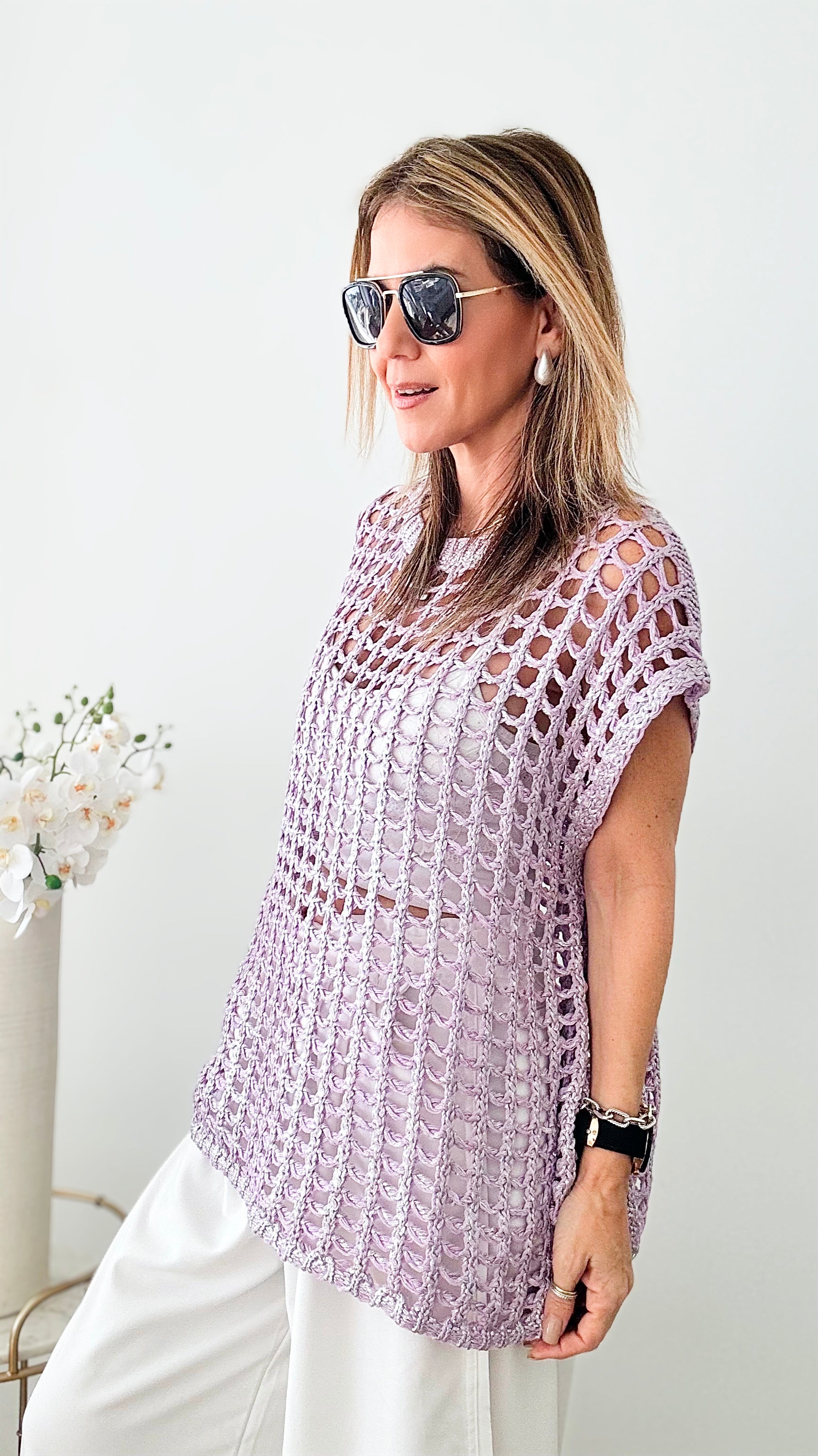 Crochet Dolman Metallic Top - Lilac-100 Sleeveless Tops-she+sky-Coastal Bloom Boutique, find the trendiest versions of the popular styles and looks Located in Indialantic, FL