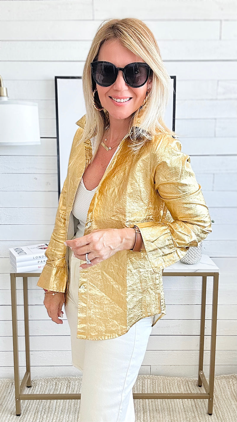 Mirage Metallic Linen Shirt - Gold-130 Long Sleeve Tops-Lanthropy-Coastal Bloom Boutique, find the trendiest versions of the popular styles and looks Located in Indialantic, FL