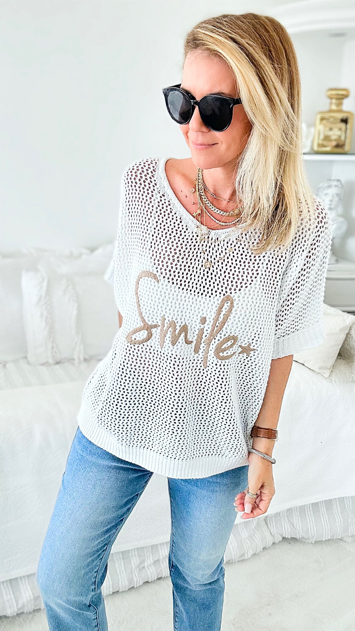 Italian Crochet Smile Sweater - White-140 Sweaters-Yolly-Coastal Bloom Boutique, find the trendiest versions of the popular styles and looks Located in Indialantic, FL