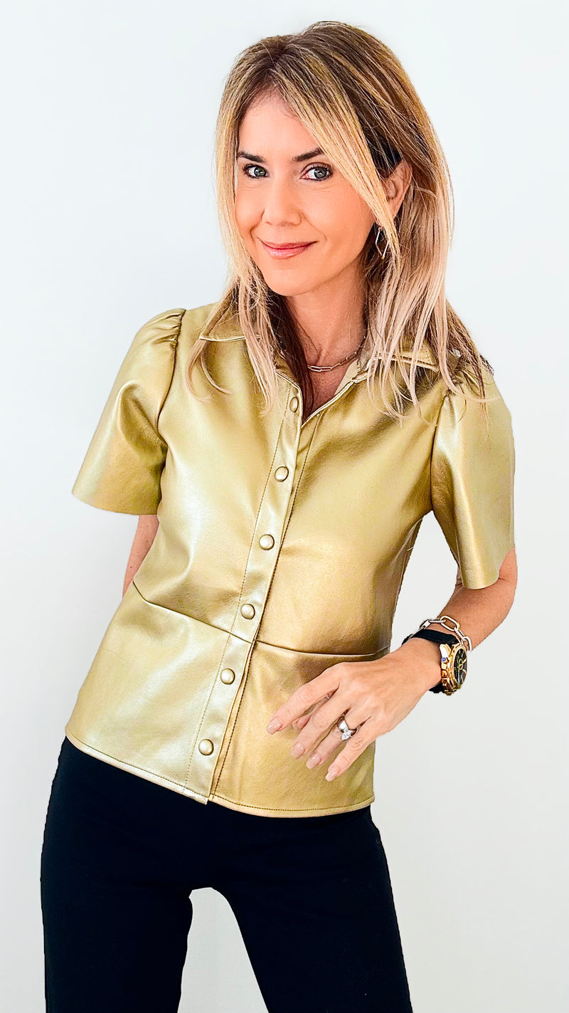 Vegan Leather Metallic Button Down Top - Champagne-110 Short Sleeve Tops-Dolce Cabo-Coastal Bloom Boutique, find the trendiest versions of the popular styles and looks Located in Indialantic, FL