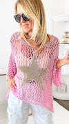 Metallic Star Italian Chain Sweater - Pink/Gold-140 Sweaters-Germany-Coastal Bloom Boutique, find the trendiest versions of the popular styles and looks Located in Indialantic, FL