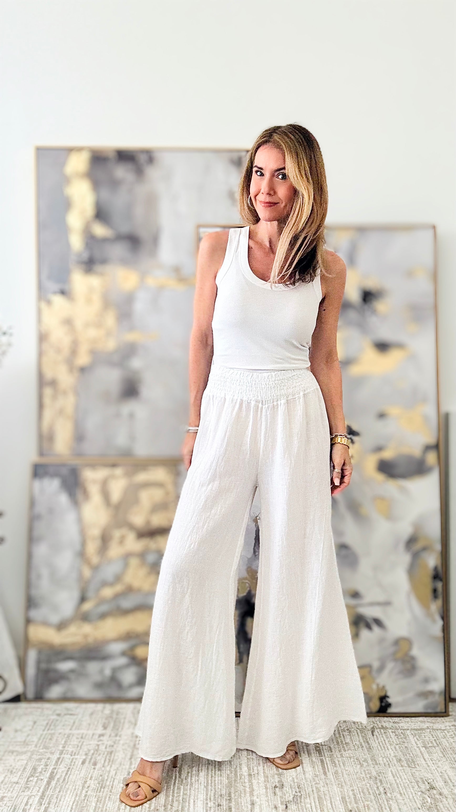 Born Free Linen Italian Palazzo - White-170 Bottoms-Italianissimo-Coastal Bloom Boutique, find the trendiest versions of the popular styles and looks Located in Indialantic, FL