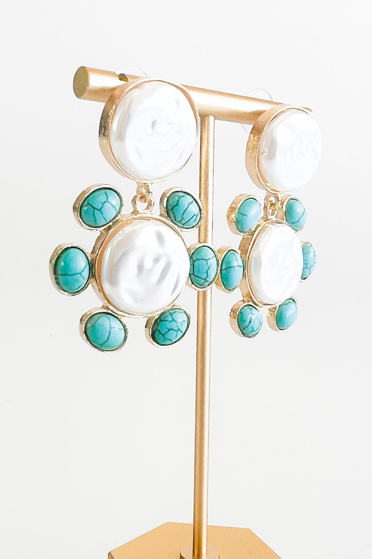 Hammered Pearl Stone Deco Earrings-230 Jewelry-Golden Stella-Coastal Bloom Boutique, find the trendiest versions of the popular styles and looks Located in Indialantic, FL