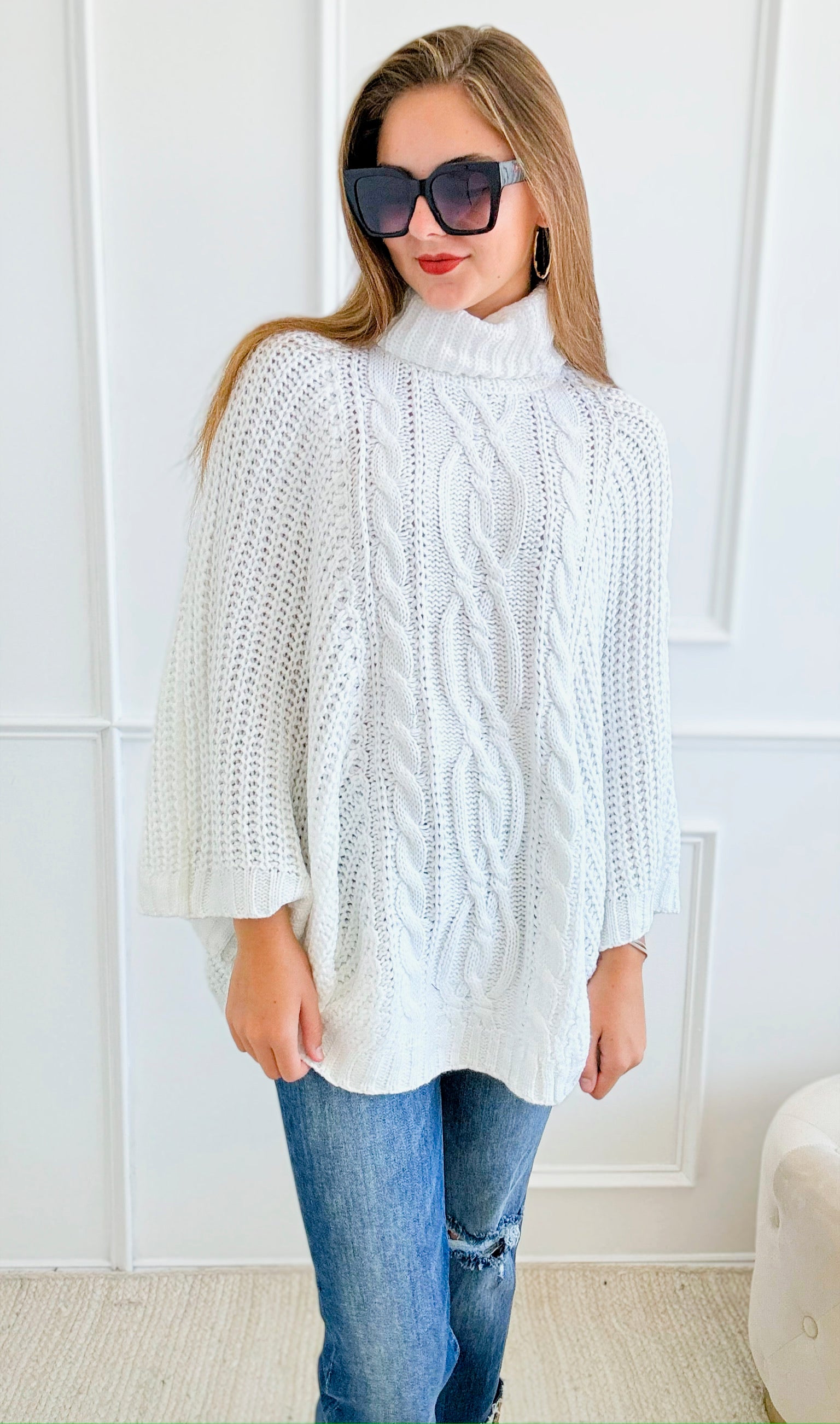 Knitted Turtle Neck Poncho-Off White-150 Cardigans/Layers-ROUSSEAU-Coastal Bloom Boutique, find the trendiest versions of the popular styles and looks Located in Indialantic, FL