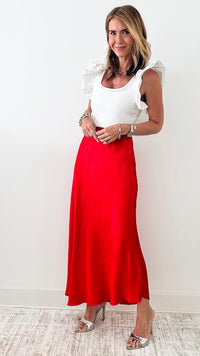 Brooklyn Italian Satin Midi Skirt - Red-170 Bottoms-Italianissimo-Coastal Bloom Boutique, find the trendiest versions of the popular styles and looks Located in Indialantic, FL