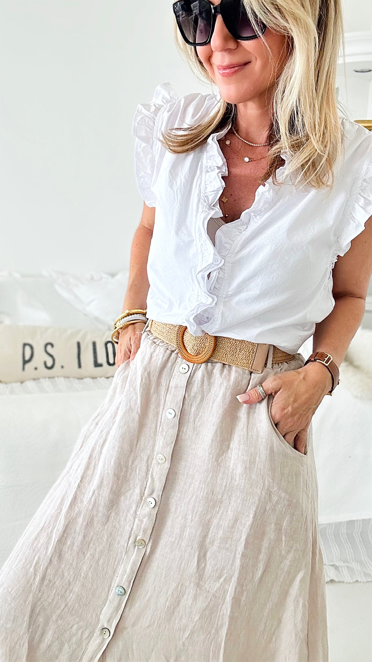 Belted Italian Linen Midi Button Skirt - Taupe-170 Bottoms-Italianissimo-Coastal Bloom Boutique, find the trendiest versions of the popular styles and looks Located in Indialantic, FL