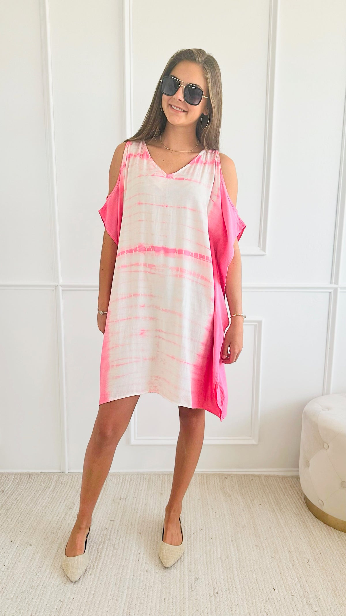 Tie Dye Woven Dress - Pink-110 Short Sleeve Tops-Chatoyant-Coastal Bloom Boutique, find the trendiest versions of the popular styles and looks Located in Indialantic, FL