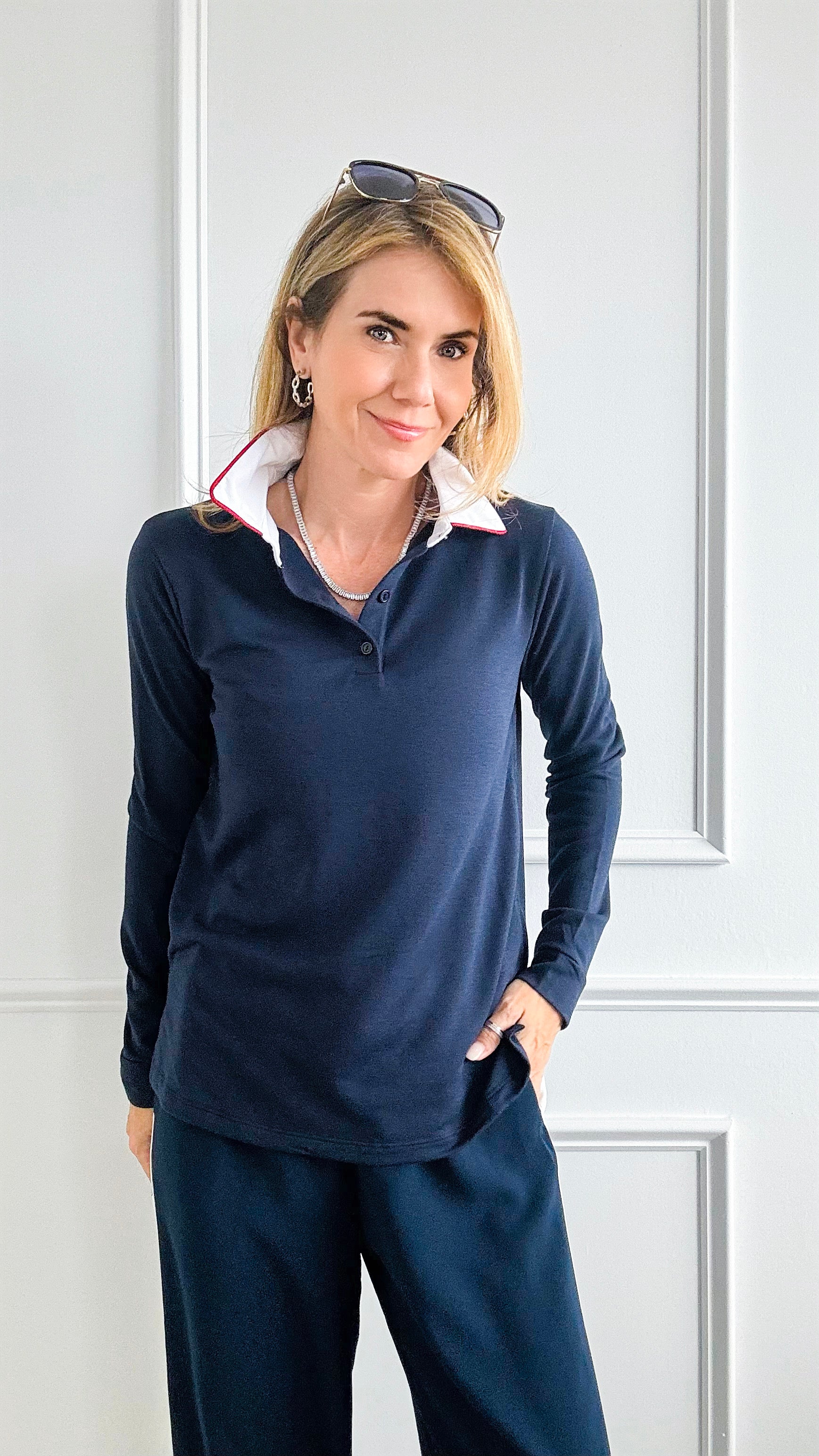 Tipped Long Sleeve Front Polo-130 Long Sleeve Tops-Miley + Molly-Coastal Bloom Boutique, find the trendiest versions of the popular styles and looks Located in Indialantic, FL
