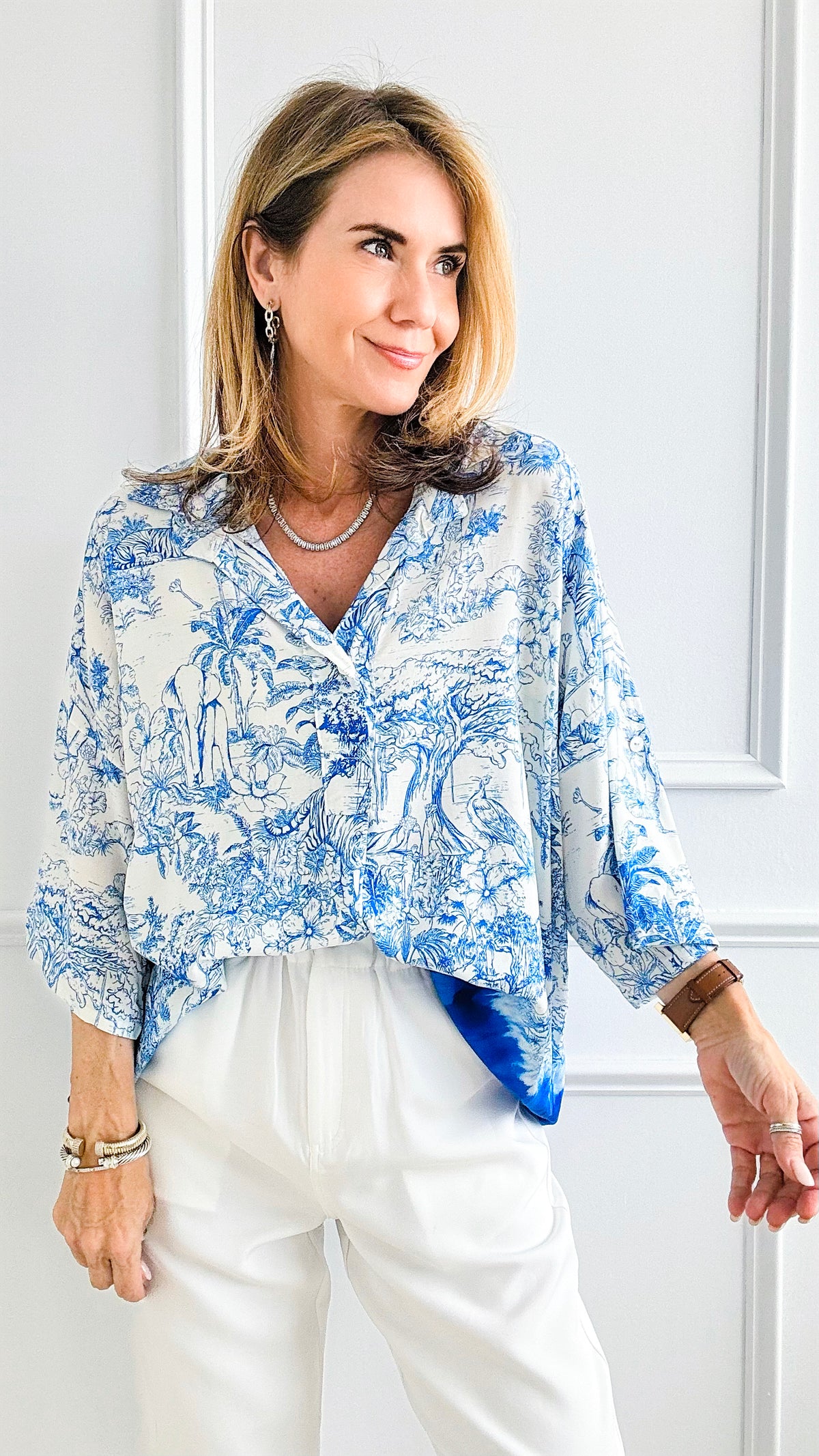 Tropical Tie-Dye Italian Blouse - Blue-170 Bottoms-Italianissimo-Coastal Bloom Boutique, find the trendiest versions of the popular styles and looks Located in Indialantic, FL