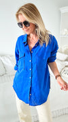 Oversized Double Pocket Blouse - Royal Blue-130 Long Sleeve Tops-Love Tree Fashion-Coastal Bloom Boutique, find the trendiest versions of the popular styles and looks Located in Indialantic, FL