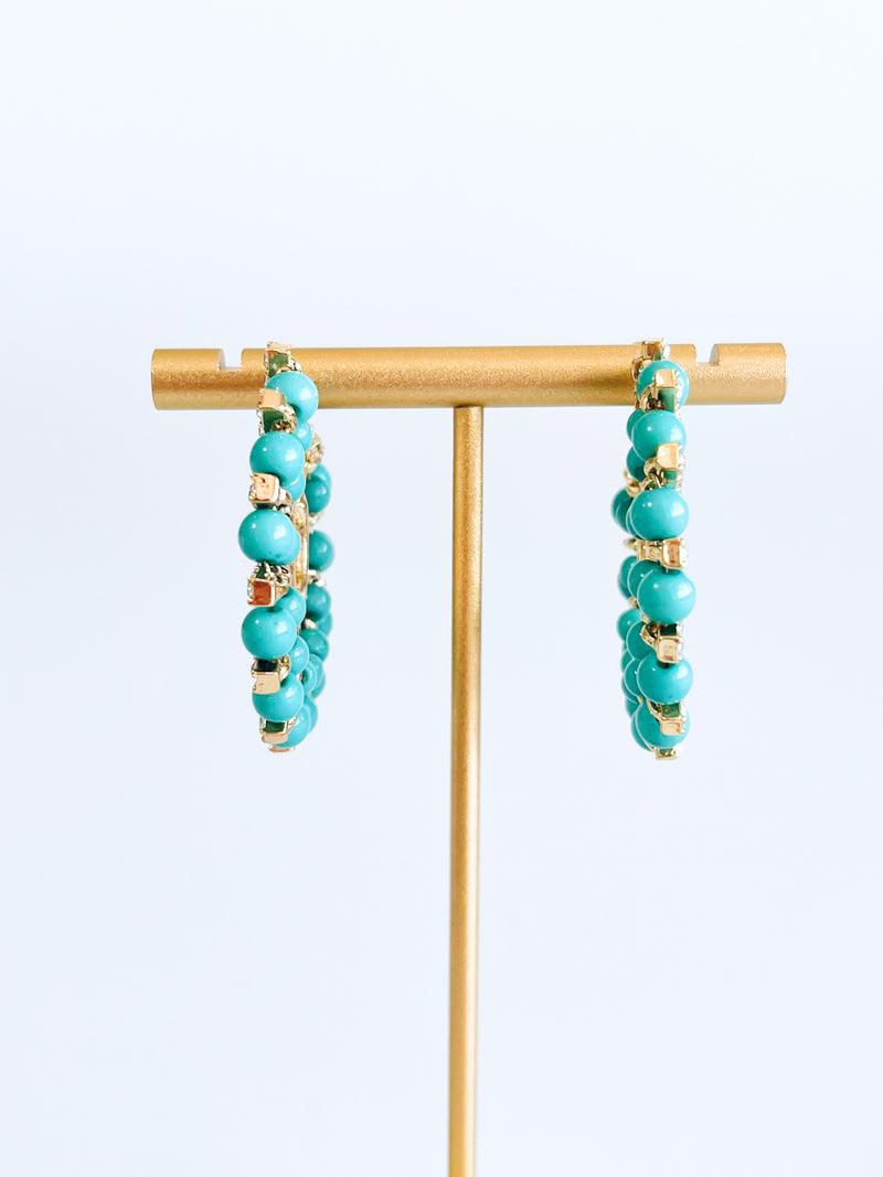 Turquoise Stone CZ Embellished Hoop Earrings-230 Jewelry-Wona Trading-Coastal Bloom Boutique, find the trendiest versions of the popular styles and looks Located in Indialantic, FL
