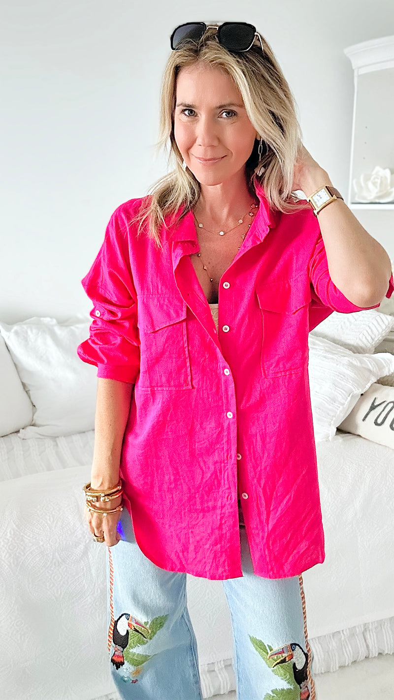 Oversized Double Pocket Blouse - Fuchsia-130 Long Sleeve Tops-Love Tree Fashion-Coastal Bloom Boutique, find the trendiest versions of the popular styles and looks Located in Indialantic, FL