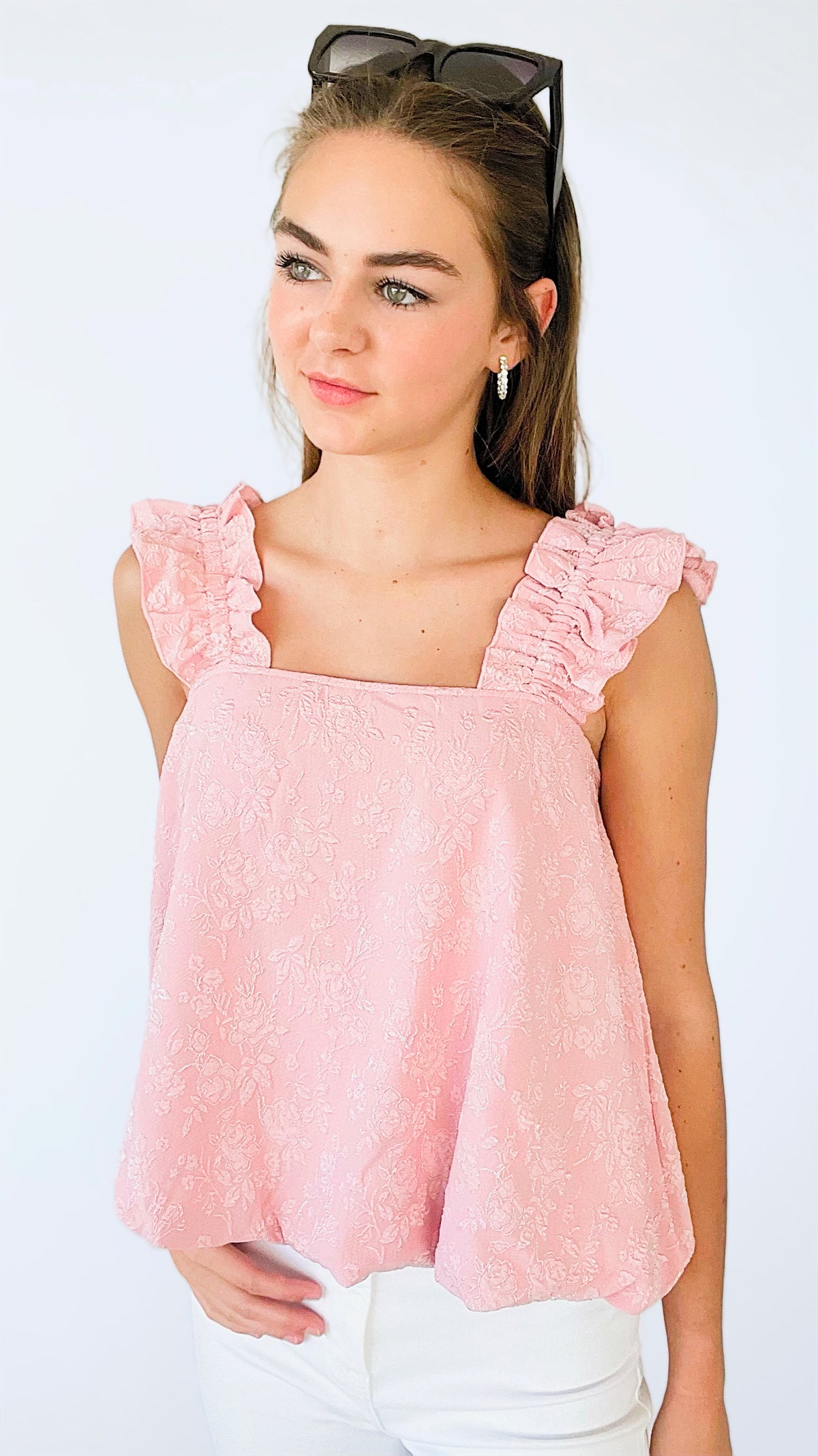 Floral Jacquard Ruched Straps Top - Pink-100 Sleeveless Tops-entro-Coastal Bloom Boutique, find the trendiest versions of the popular styles and looks Located in Indialantic, FL