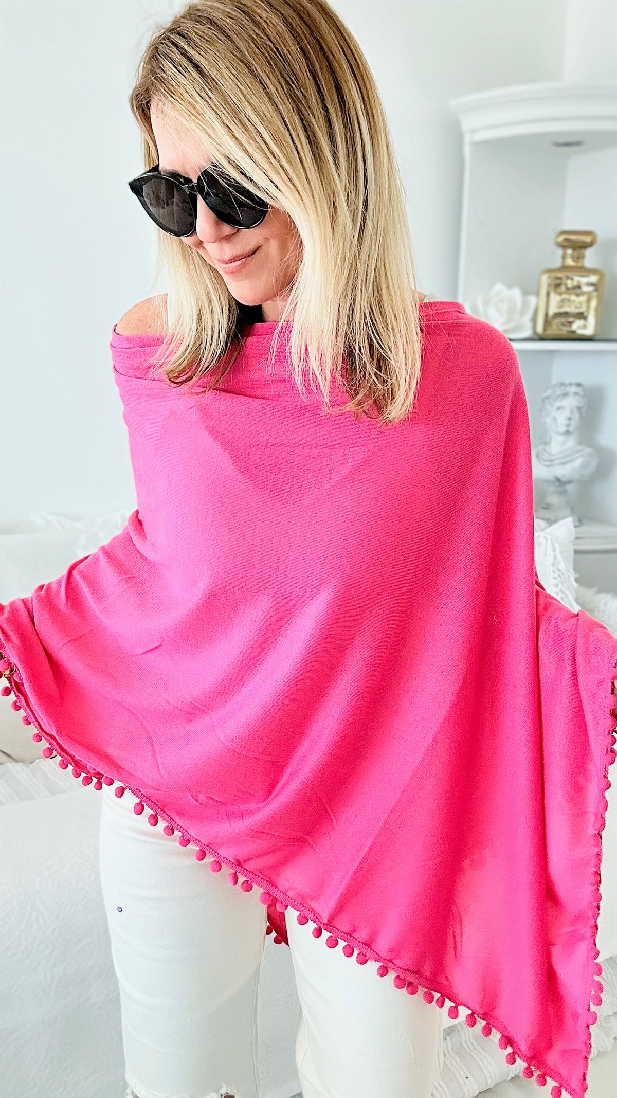 Pom Pom Poncho - Fuchsia-150 Cardigans/Layers-Designer House-Coastal Bloom Boutique, find the trendiest versions of the popular styles and looks Located in Indialantic, FL