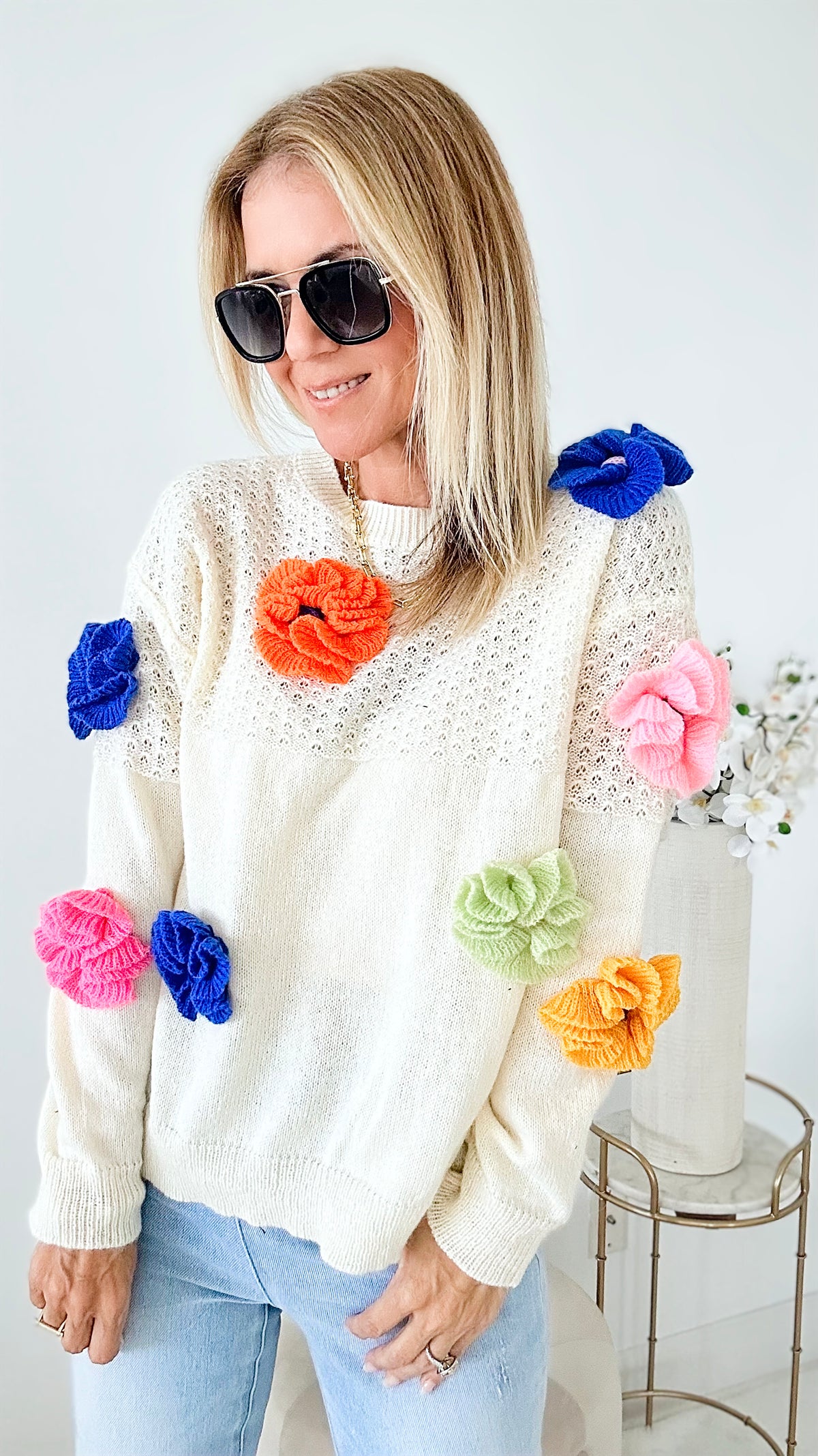 Poppin Daisies Sweater-140 Sweaters-BIBI-Coastal Bloom Boutique, find the trendiest versions of the popular styles and looks Located in Indialantic, FL