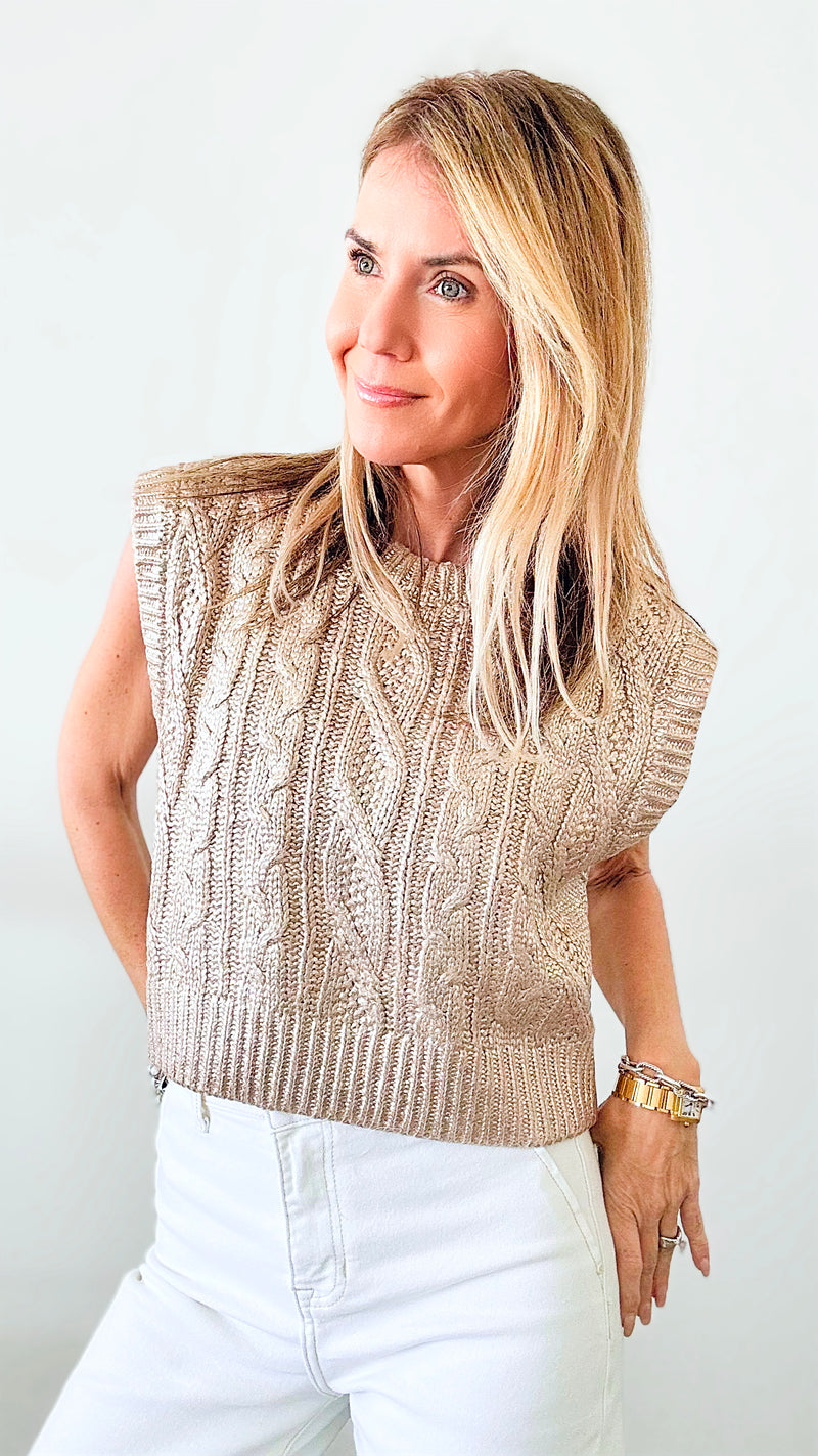 Cable Knit Metallic Top - Gold-100 Sleeveless Tops-she+sky-Coastal Bloom Boutique, find the trendiest versions of the popular styles and looks Located in Indialantic, FL