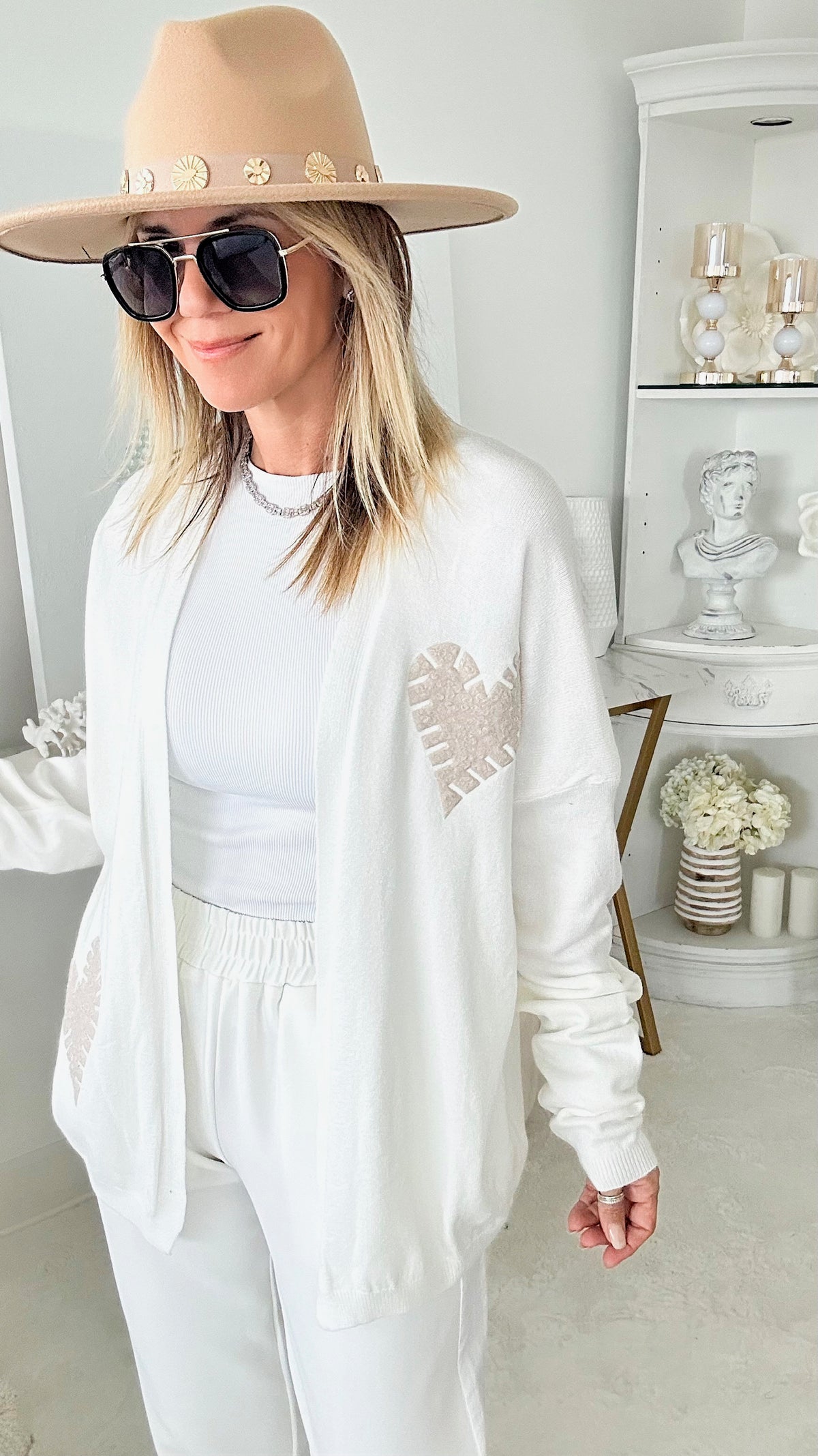 Fuzzy Heart Patch Cardigan - White-150 Cardigans/Layers-Venti6 Outlet-Coastal Bloom Boutique, find the trendiest versions of the popular styles and looks Located in Indialantic, FL