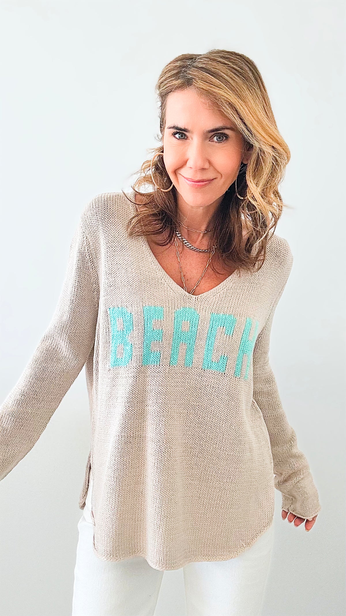 Beach Lightweight Knit V Neck - Beige / Aqua-140 Sweaters-Miracle-Coastal Bloom Boutique, find the trendiest versions of the popular styles and looks Located in Indialantic, FL